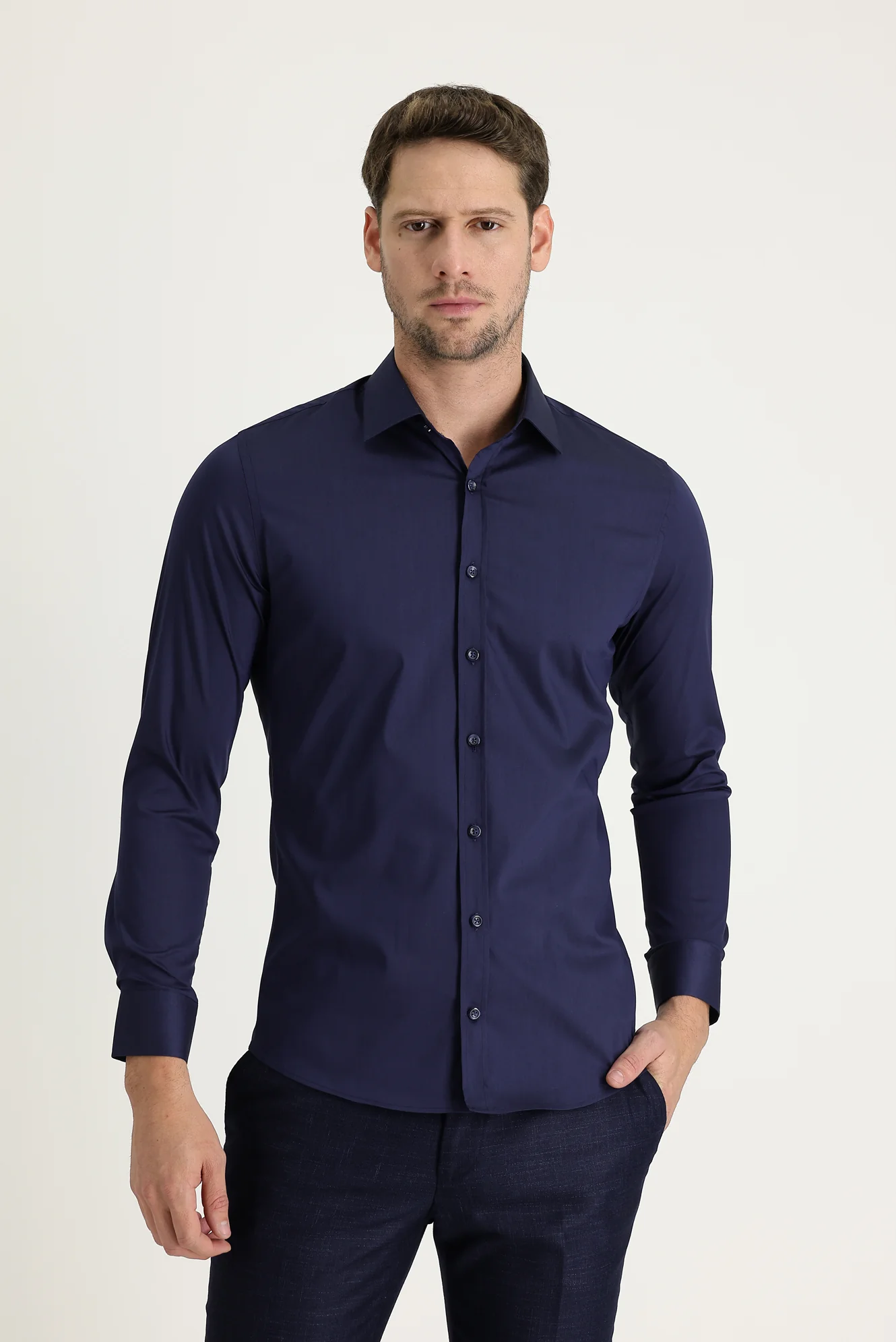 Koyu Lacivert Uzun Kol Super Slim Fit Ekstra Dar Kesim Klasik Pamuklu Gömlek