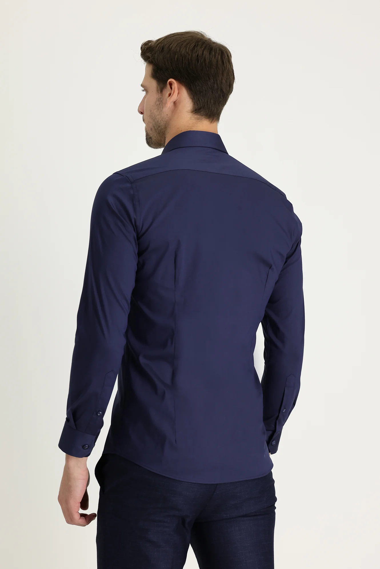 Koyu Lacivert Uzun Kol Super Slim Fit Ekstra Dar Kesim Klasik Pamuklu Gömlek - Image 3