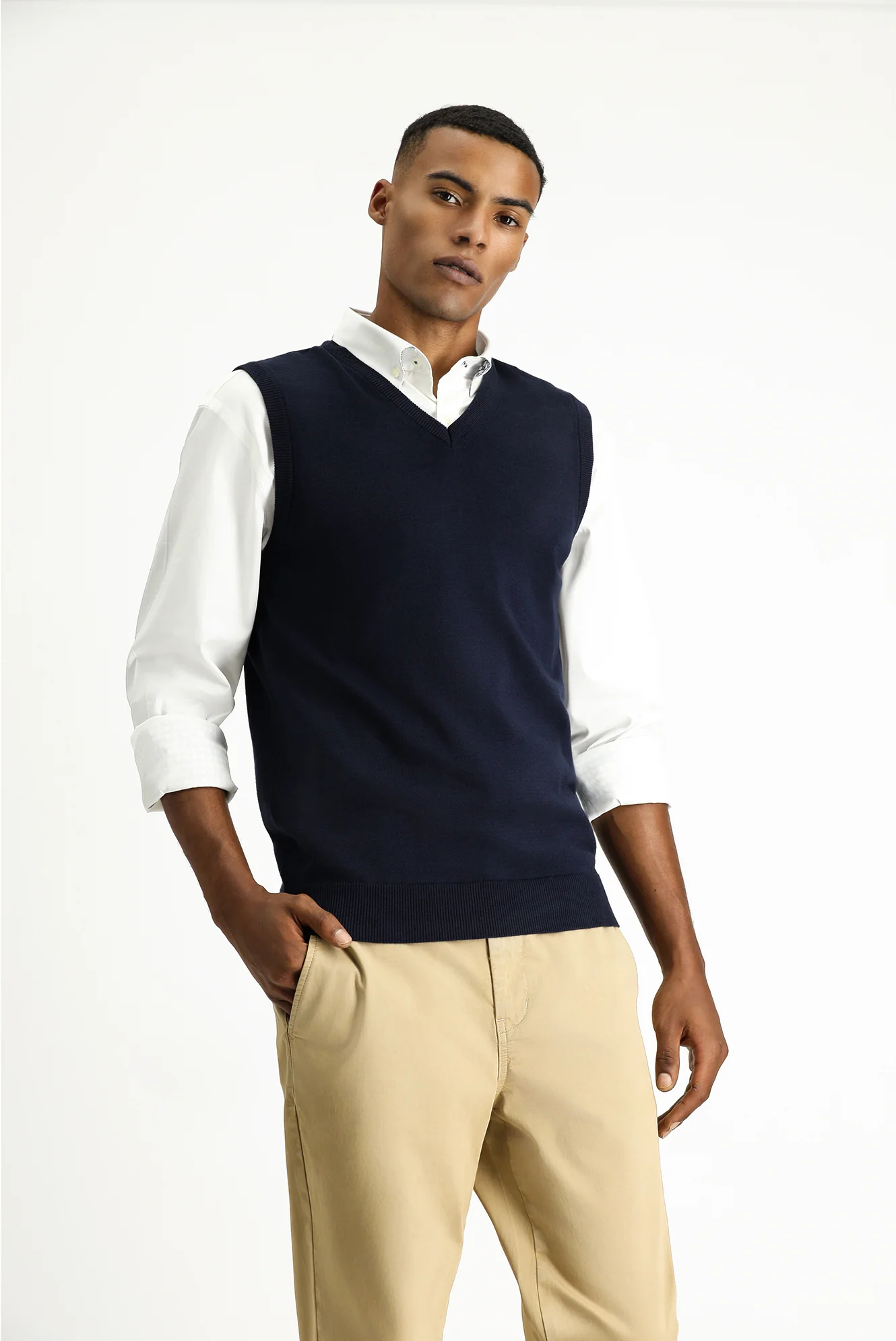 Koyu Lacivert V Yaka Pamuklu Triko Süveter - Image 2