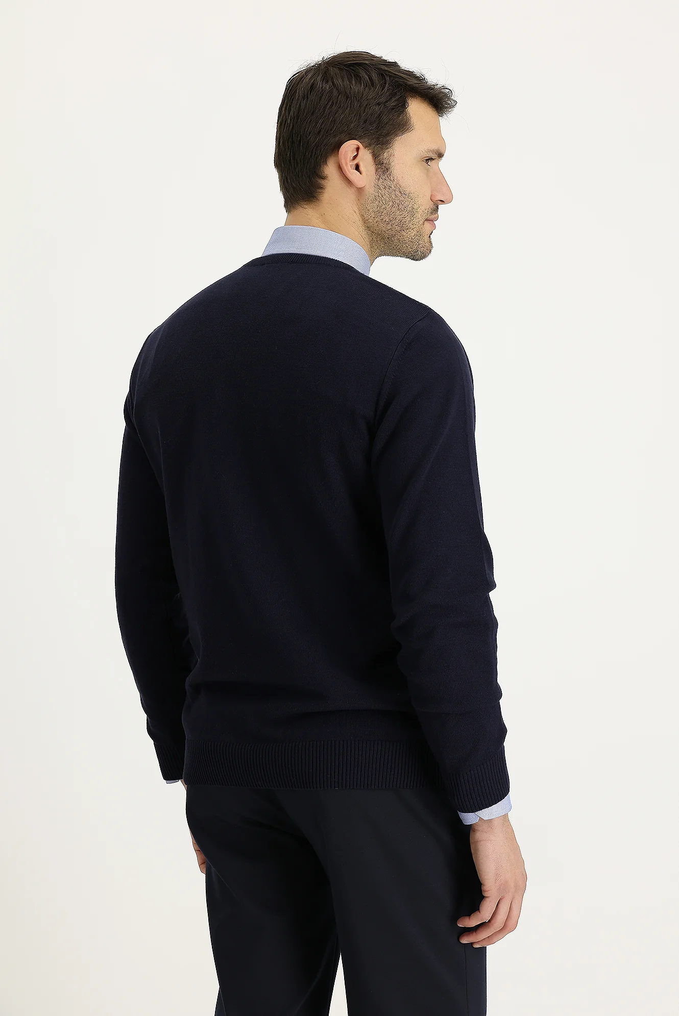 Koyu Lacivert V Yaka Regular Fit Desenli Triko Kazak - Image 3