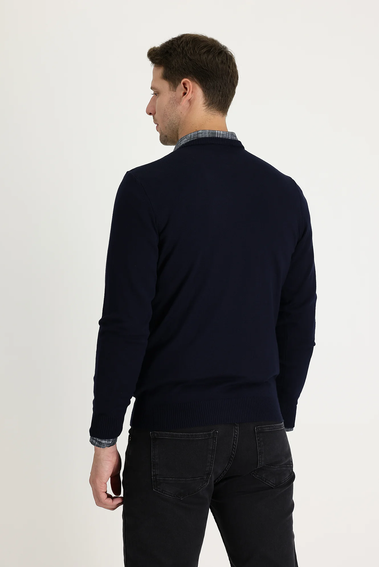 Koyu Lacivert V Yaka Regular Fit Pamuklu Triko Kazak - Image 3