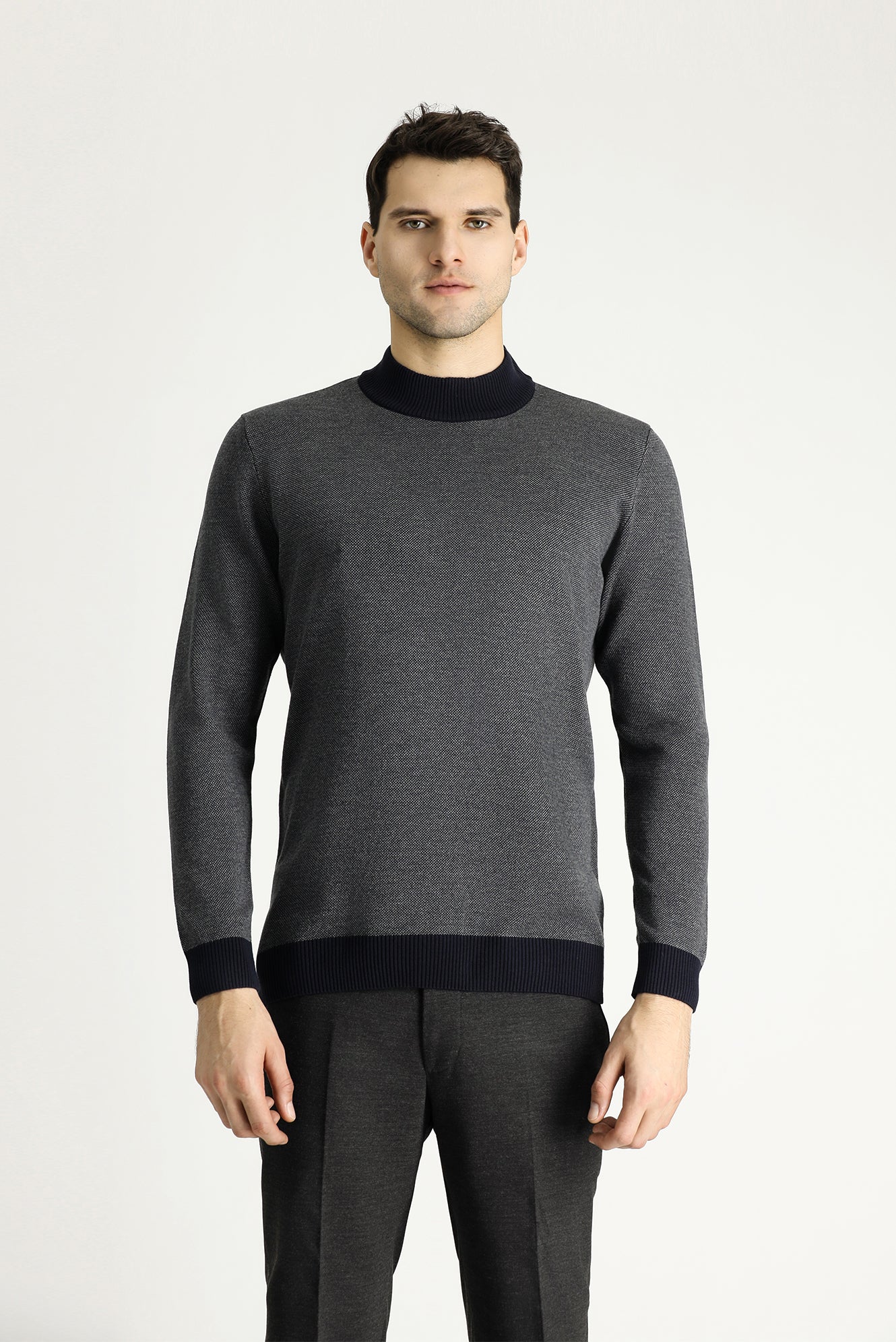 Koyu Lacivert Yarım Balıkçı Yaka Slim Fit Dar Kesim Desenli Triko Kazak - Image 3