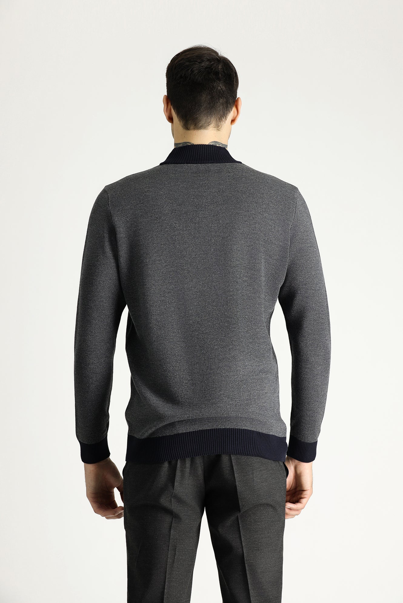 Koyu Lacivert Yarım Balıkçı Yaka Slim Fit Dar Kesim Desenli Triko Kazak - Image 4