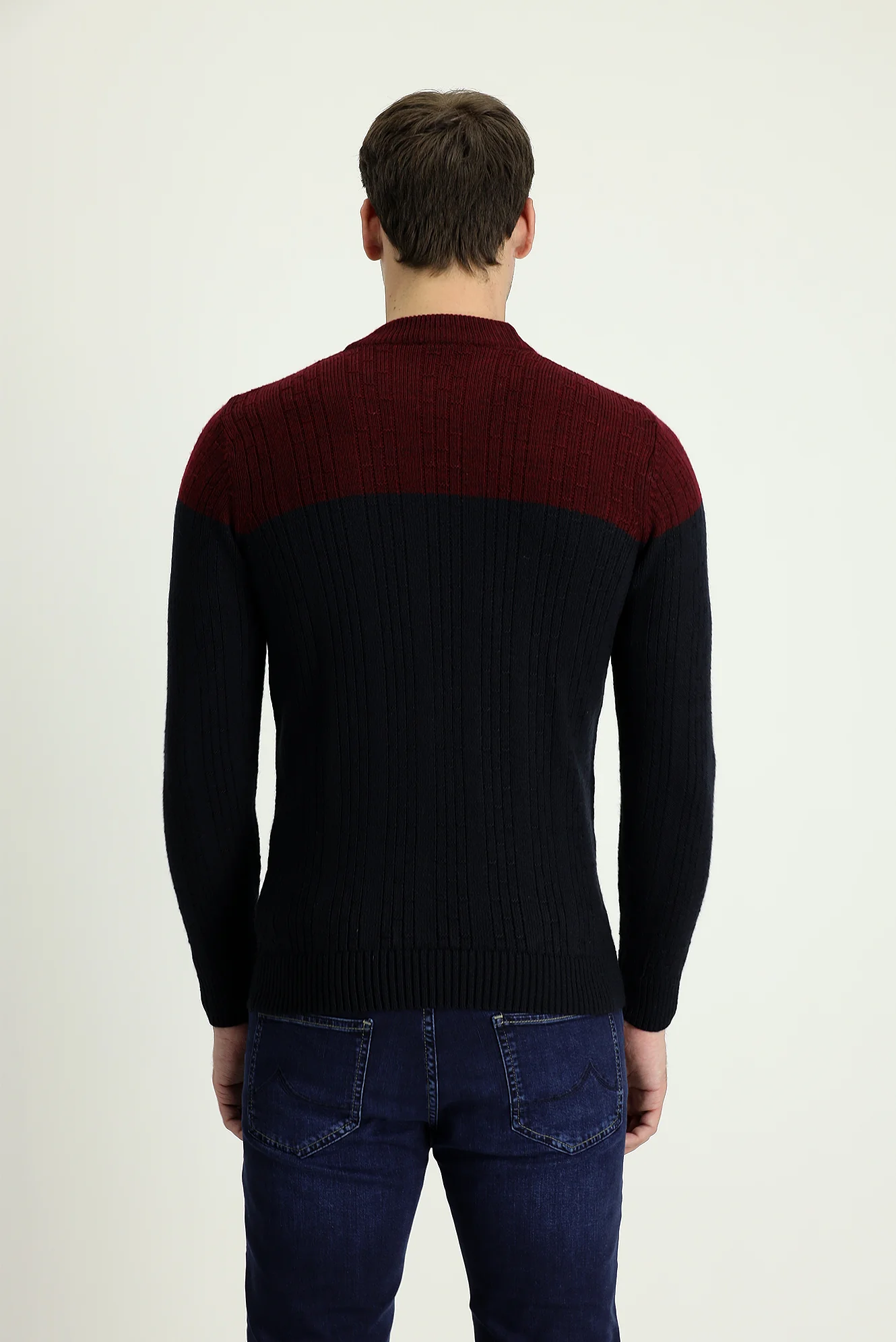 Koyu Lacivert Yarım Balıkçı Yaka Slim Fit Dar Kesim Desenli Triko Kazak - Image 3