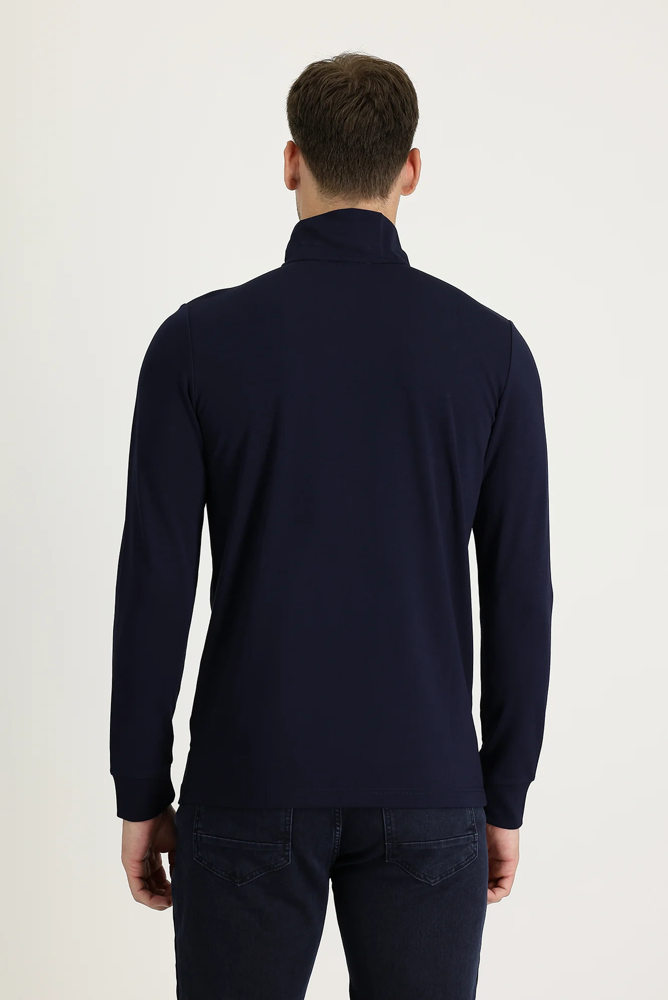 Koyu Lacivert Yarım Balıkçı Yaka Slim Fit Dar Kesim Fermuarlı Sweatshirt - Image 3