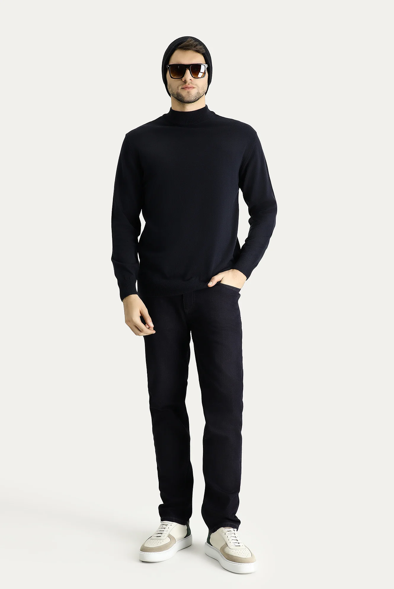 Koyu Lacivert Yarım Balıkçı Yaka Slim Fit Dar Kesim Pamuklu Triko Kazak - Image 2