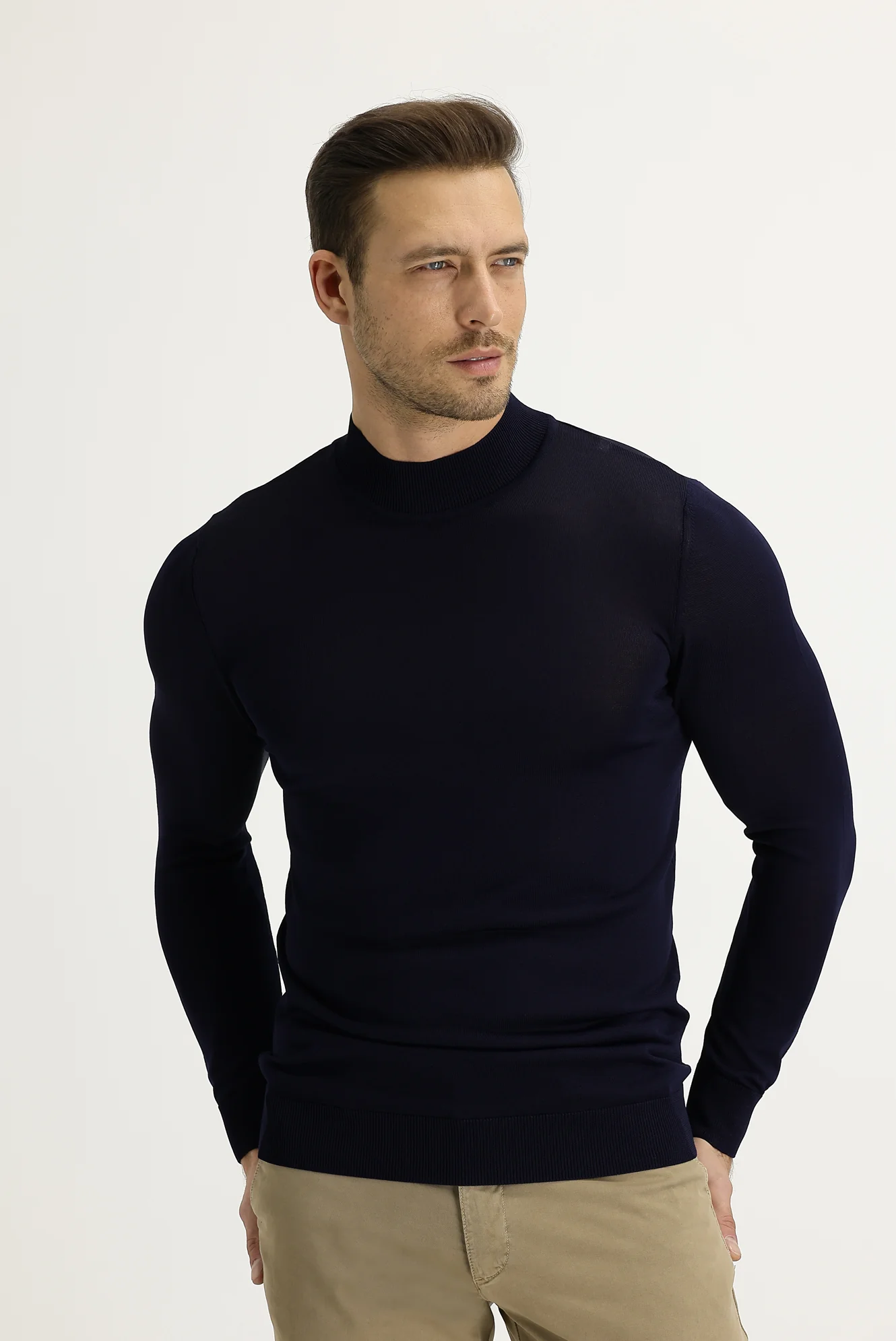 Koyu Lacivert Yarım Balıkçı Yaka Slim Fit Dar Kesim Triko Kazak