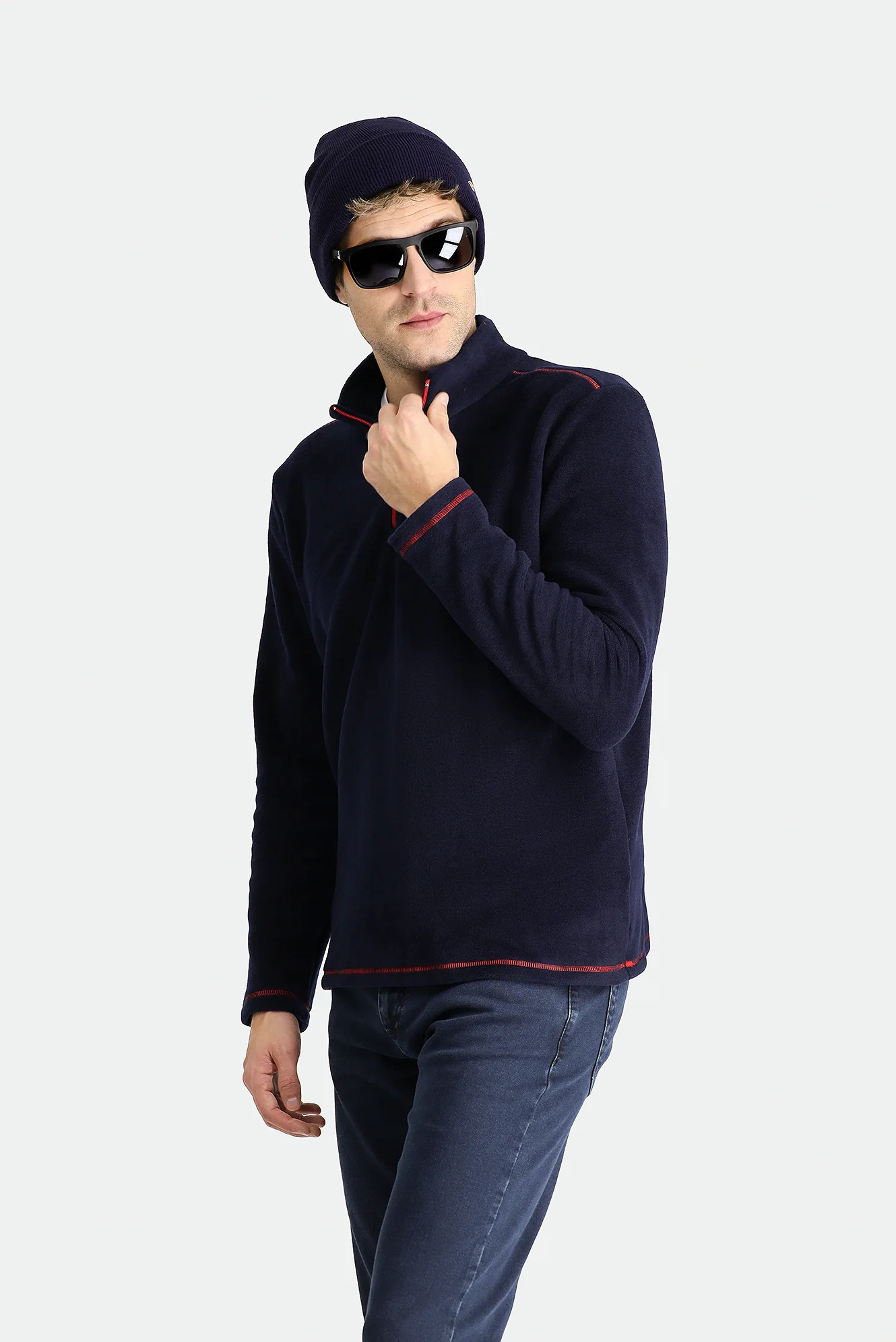 Koyu Lacivert Yarım Fermuarlı Dik Yaka Soğuk Geçirmez Tüylenme Yapmayan Polar Sweatshirt