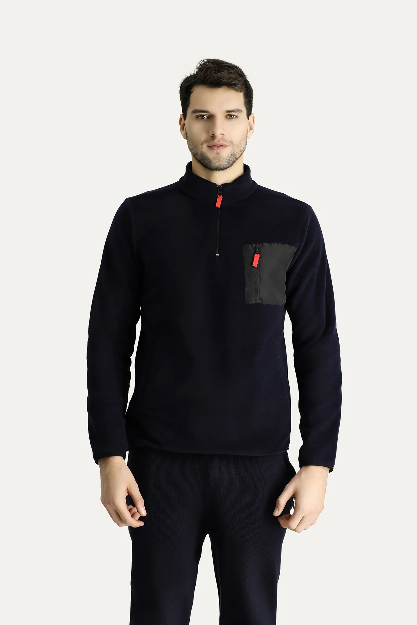 Koyu Lacivert Dik Yaka Yarım Fermuarlı Soğuk Geçirmez Tüylenme Yapmayan Cep Detaylı Polar Sweatshirt - Image 3