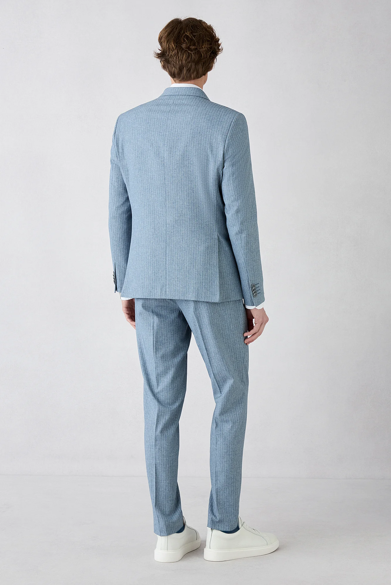 Koyu Mavi  7 Drop Slim Fit Dar Kesim Sivri Yaka Beli Lastikli İpli Çizgili Kruvaze Takım Elbise - Image 7