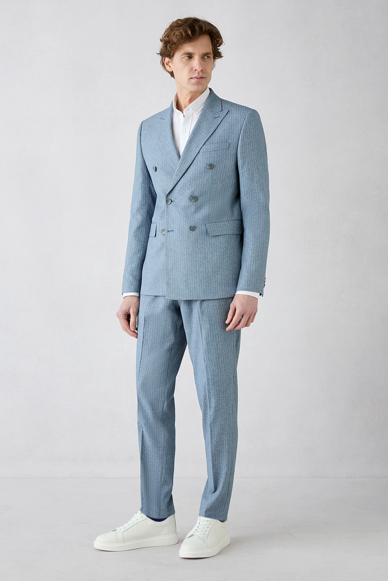Koyu Mavi 7 Drop Super Slim Fit Eksra Dar Kesim Sivri Yaka Beli Lastikli İpli Çizgili Kruvaze Takım Elbise