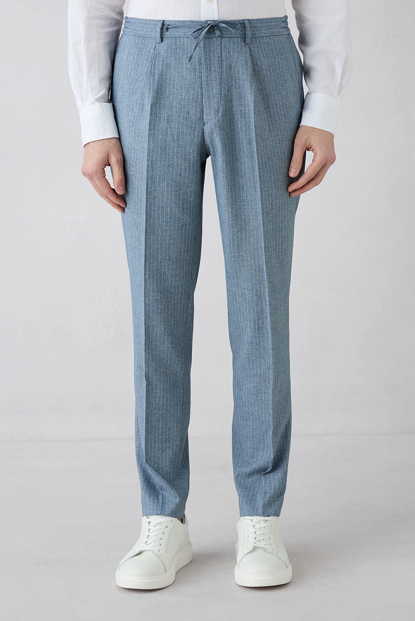 Koyu Mavi 7 Drop Super Slim Fit Eksra Dar Kesim Sivri Yaka Beli Lastikli İpli Çizgili Kruvaze Takım Elbise - Image 4