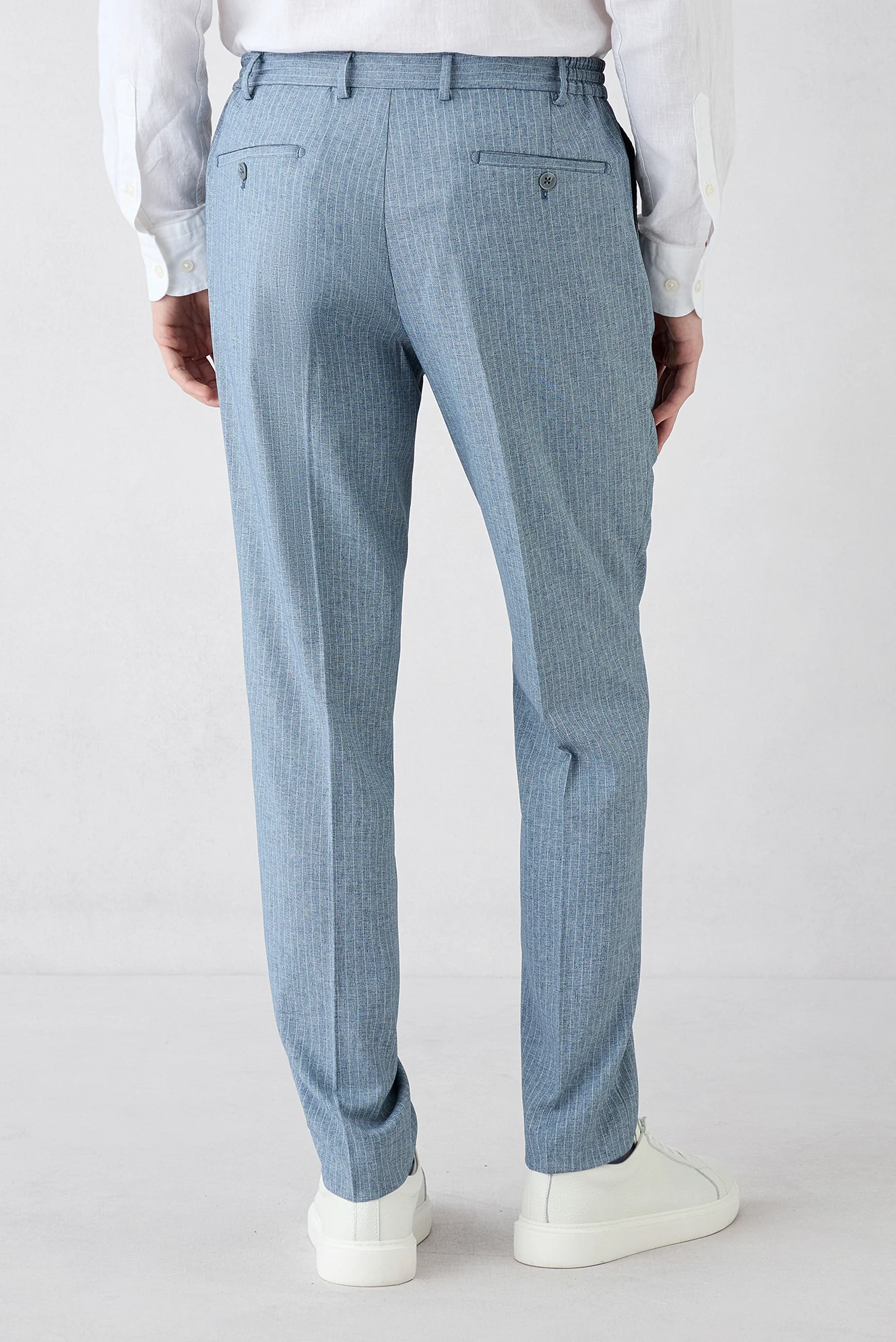 Koyu Mavi 7 Drop Super Slim Fit Eksra Dar Kesim Sivri Yaka Beli Lastikli İpli Çizgili Kruvaze Takım Elbise - Image 5