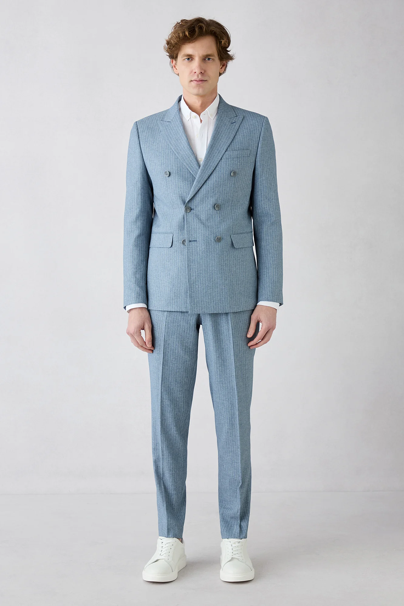 Koyu Mavi 7 Drop Super Slim Fit Eksra Dar Kesim Sivri Yaka Beli Lastikli İpli Çizgili Kruvaze Takım Elbise - Image 6