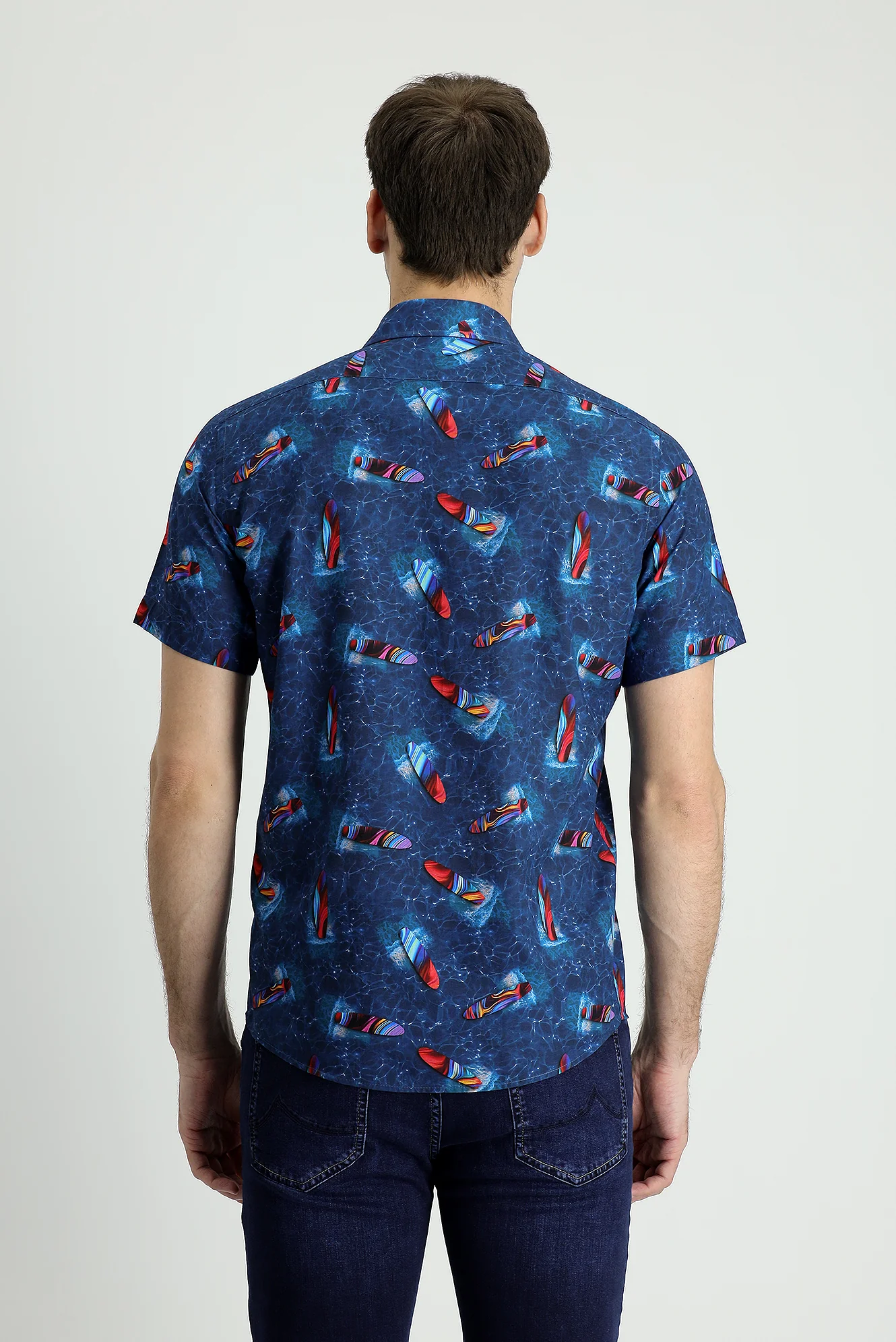 Koyu Mavi Kısa Kol Slim Fit Dar Kesim Baskılı Pamuk Gömlek - Image 3