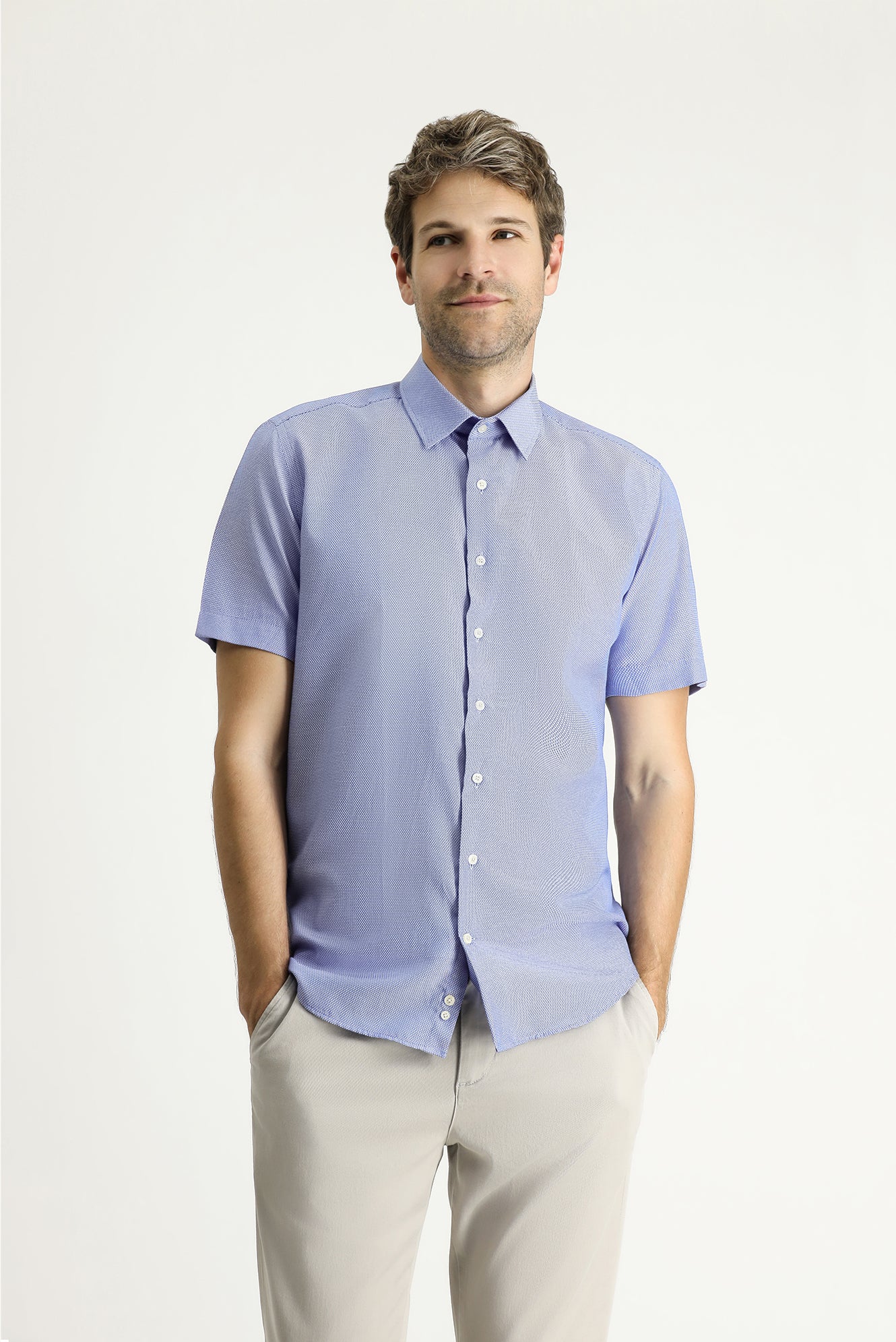 Koyu Mavi Kısa Kol Slim Fit Dar Kesim Desenli Pamuklu Kolay Ütülenebilir Gömlek - Image 3
