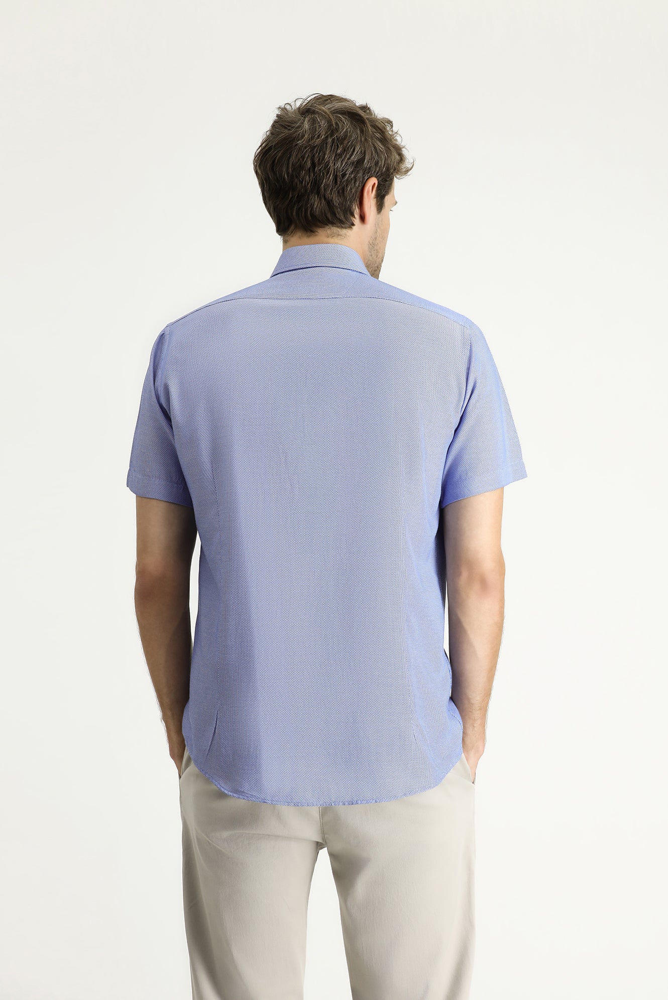 Koyu Mavi Kısa Kol Slim Fit Dar Kesim Desenli Pamuklu Kolay Ütülenebilir Gömlek - Image 4