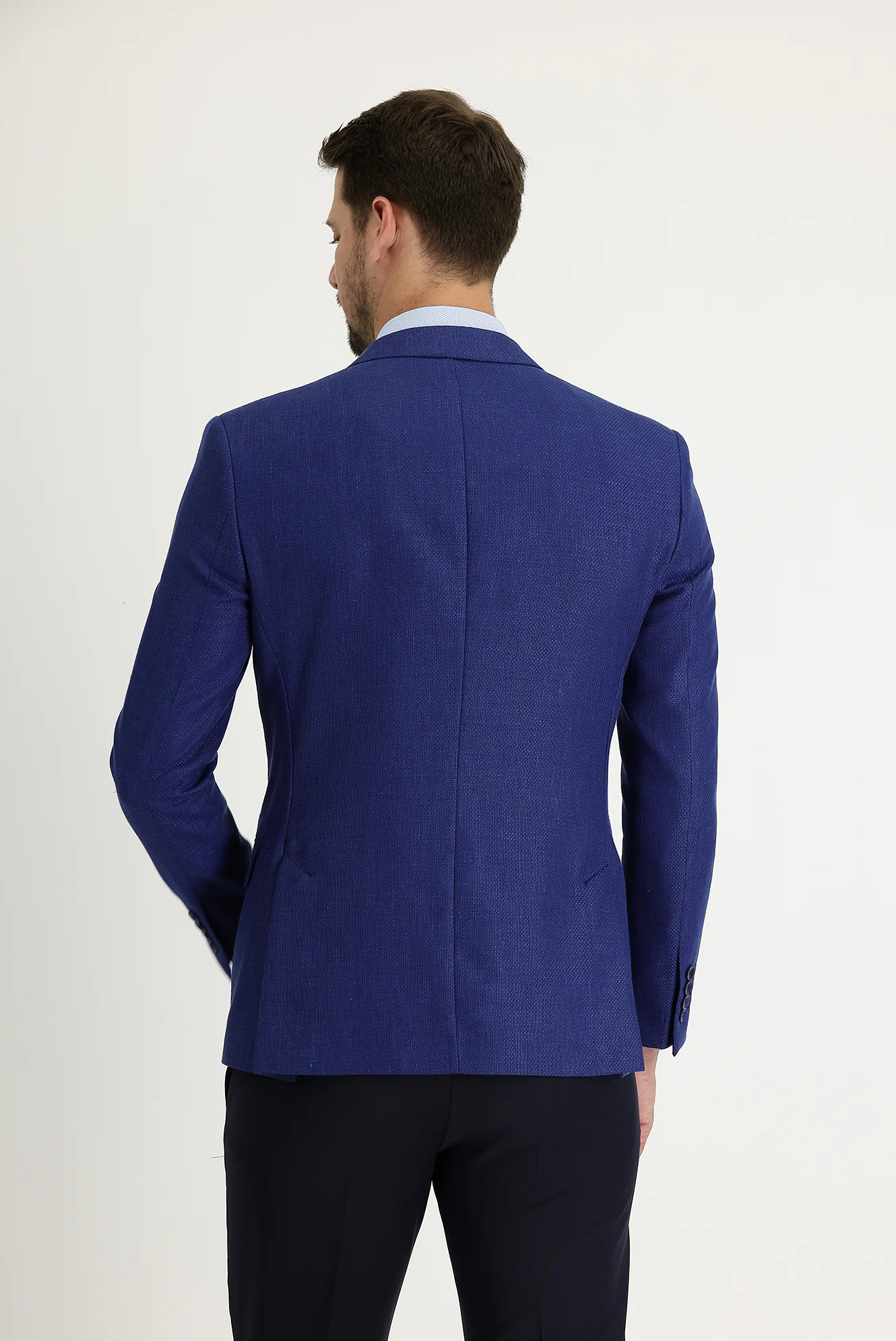 Koyu Mavi 4 Drop Relaxed Fit Rahat Kesim Klasik Desenli Ceket - Image 3