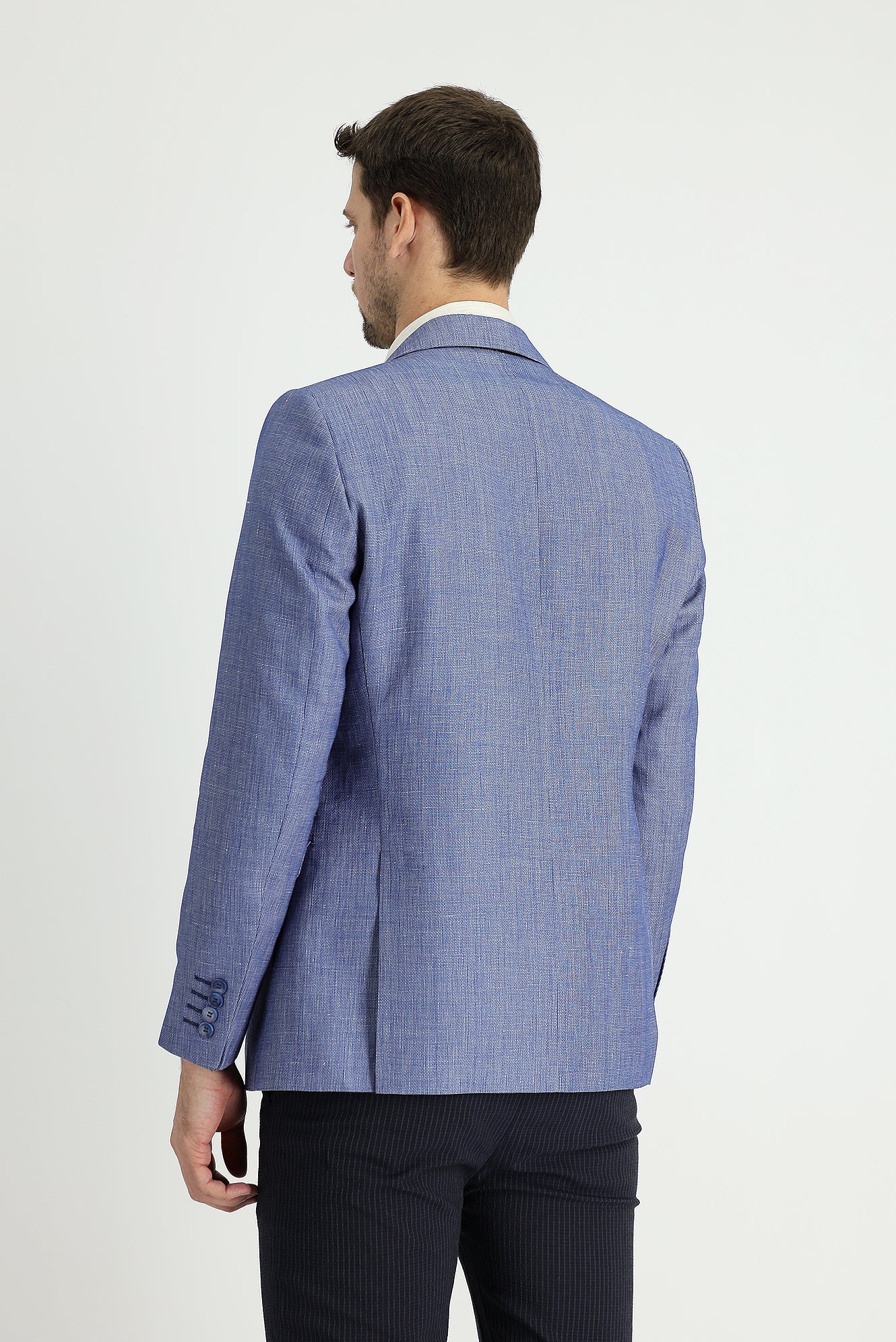 Koyu Mavi  4 Drop Relaxed Fit Rahat Kesim Klasik Desenli Keten Karışımlı Ceket - Image 3
