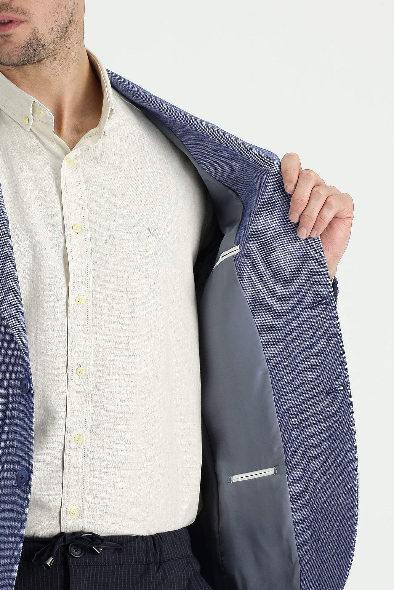 Koyu Mavi  4 Drop Relaxed Fit Rahat Kesim Klasik Desenli Keten Karışımlı Ceket - Image 4