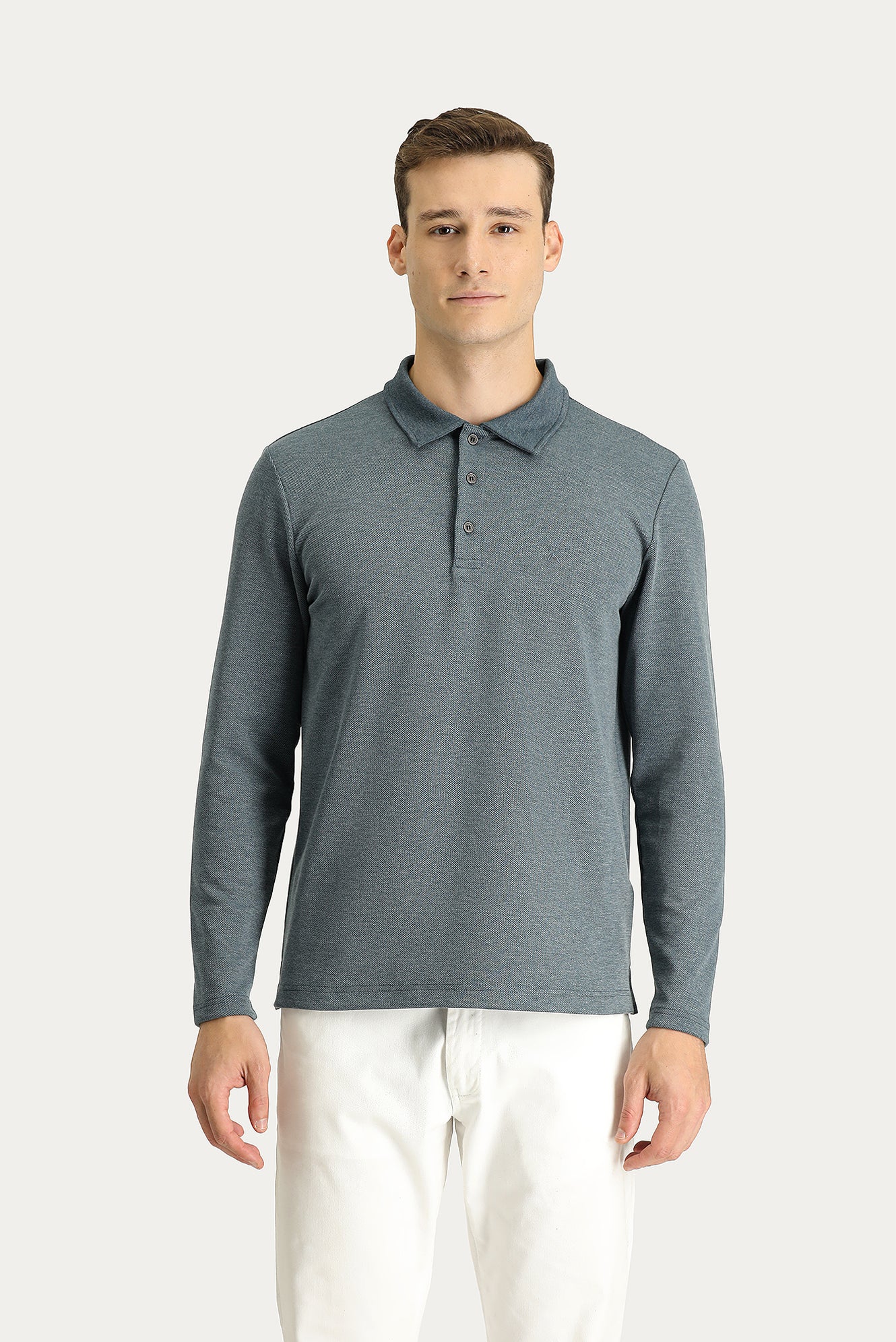 Koyu Mavi Polo Yaka Nakışlı Sweatshirt - Image 2