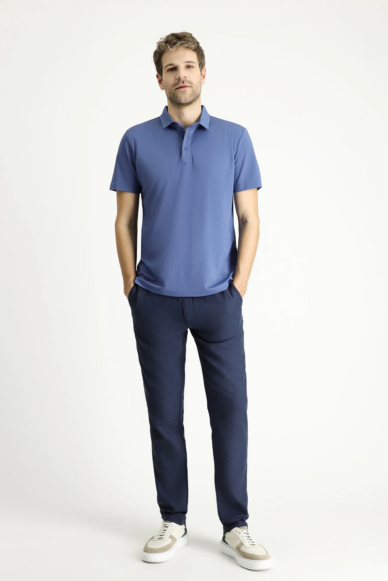Koyu Mavi Polo Yaka Regular Fit Desenli Pamuklu Tişört - Image 2