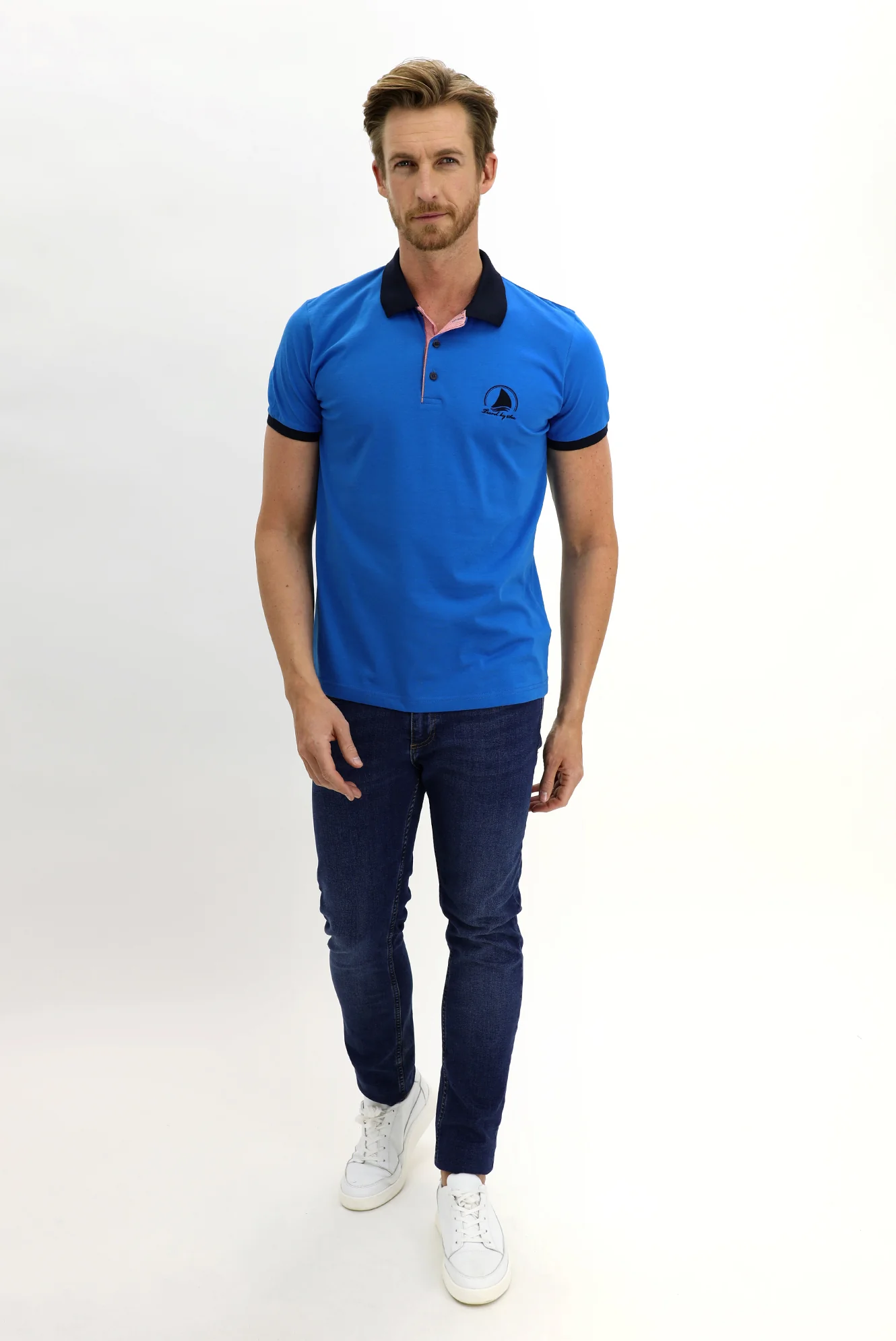 Koyu Mavi  Polo Yaka Slim Fit Dar Kesim Desenli Pamuk Tişört - Image 2