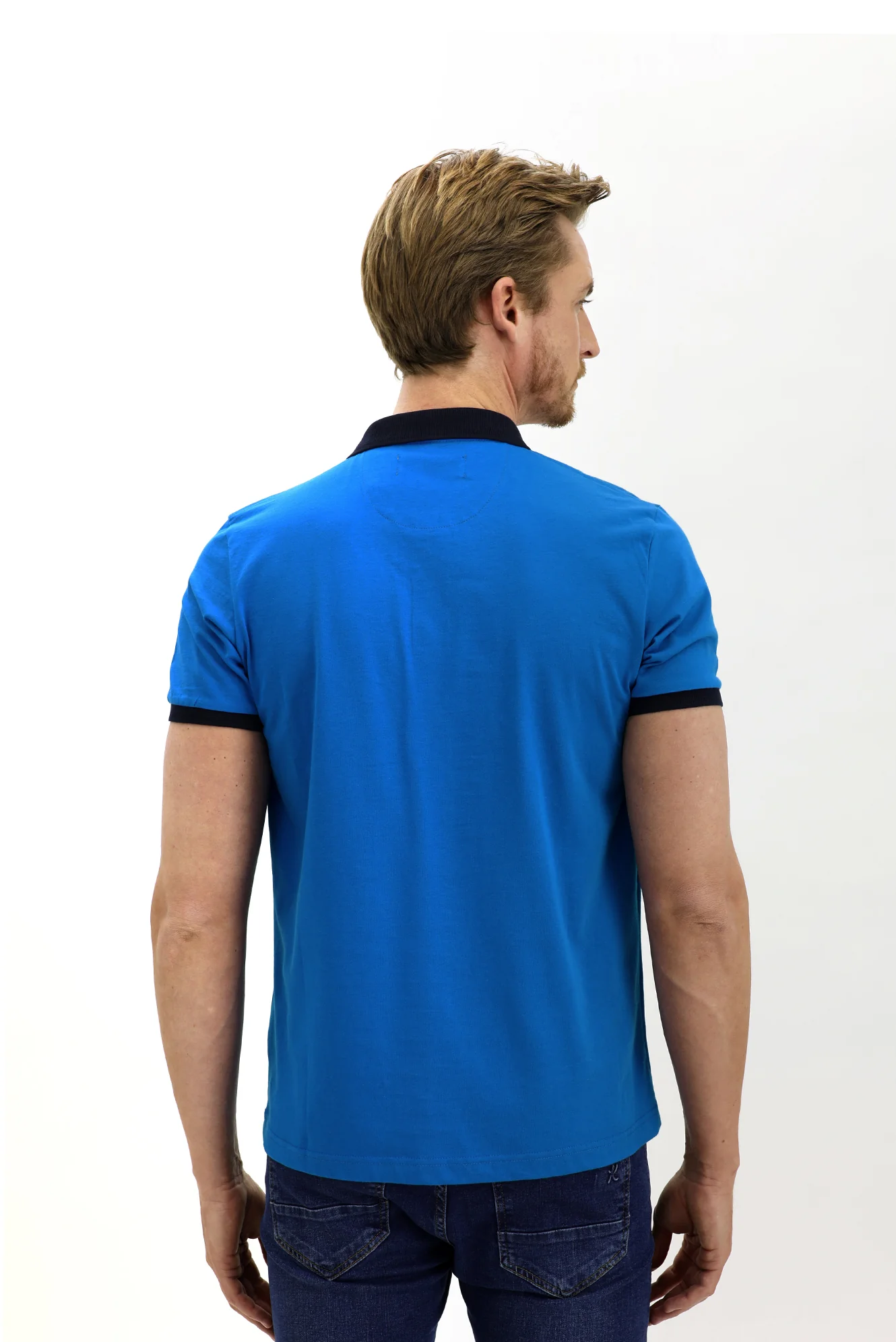 Koyu Mavi  Polo Yaka Slim Fit Dar Kesim Desenli Pamuk Tişört - Image 5
