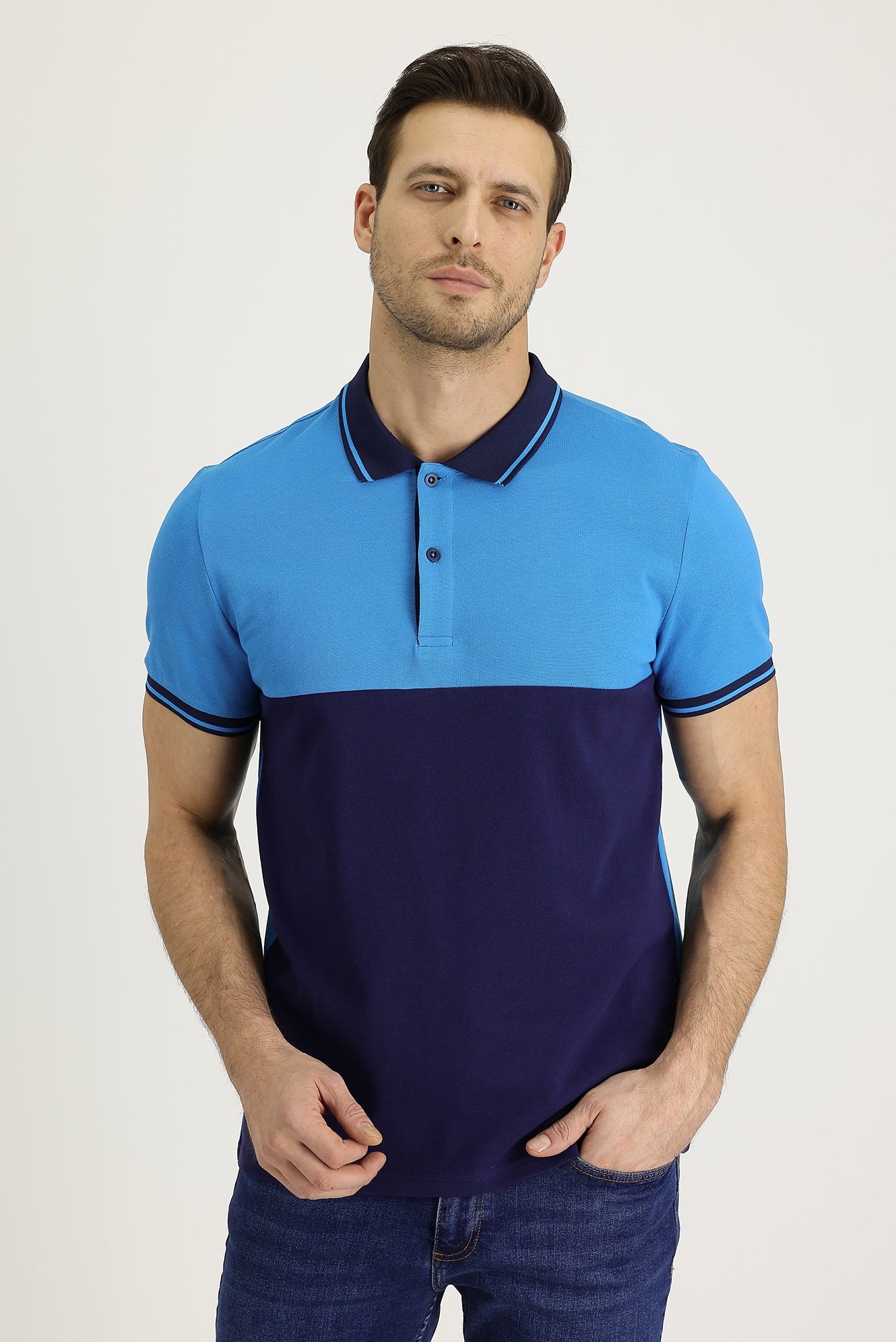 Koyu Mavi Polo Yaka Slim Fit Dar Kesim Desenli Pamuk Tişört