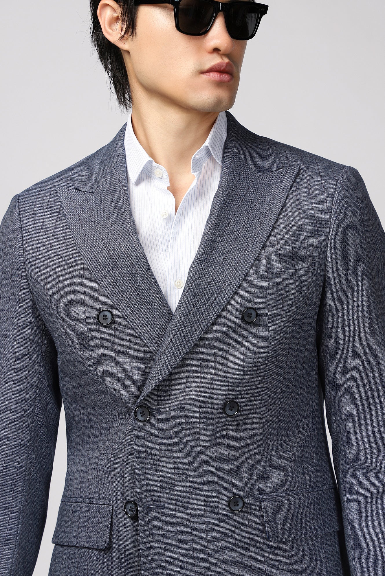 Koyu Mavi  6 Drop Regular Fit Standart Kesim Çizgili Kruvaze Ceket - Image 3