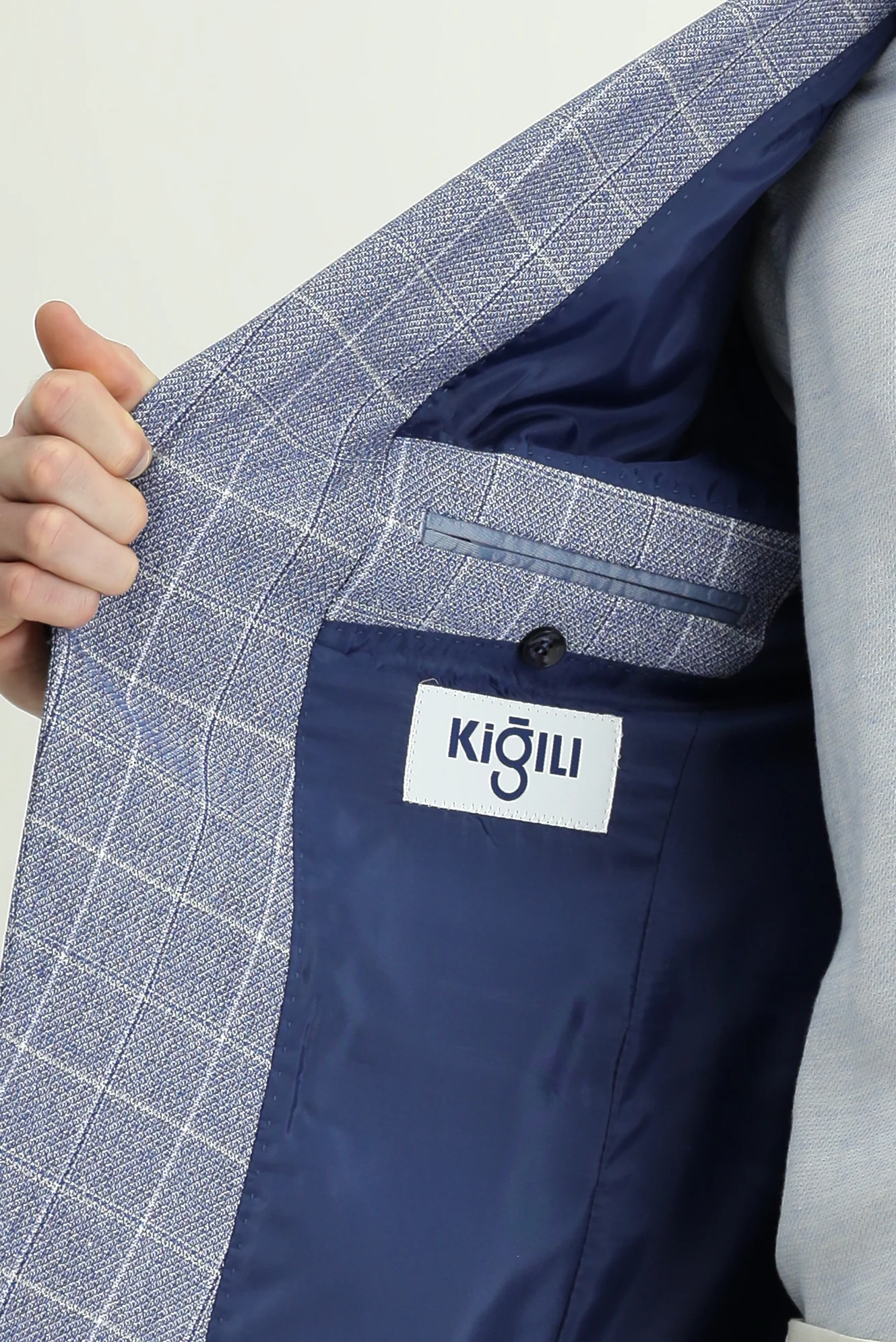 Koyu Mavi  6 Drop Regular Fit Standart Kesim Kareli Keten Karışımlı Ceket - Image 7