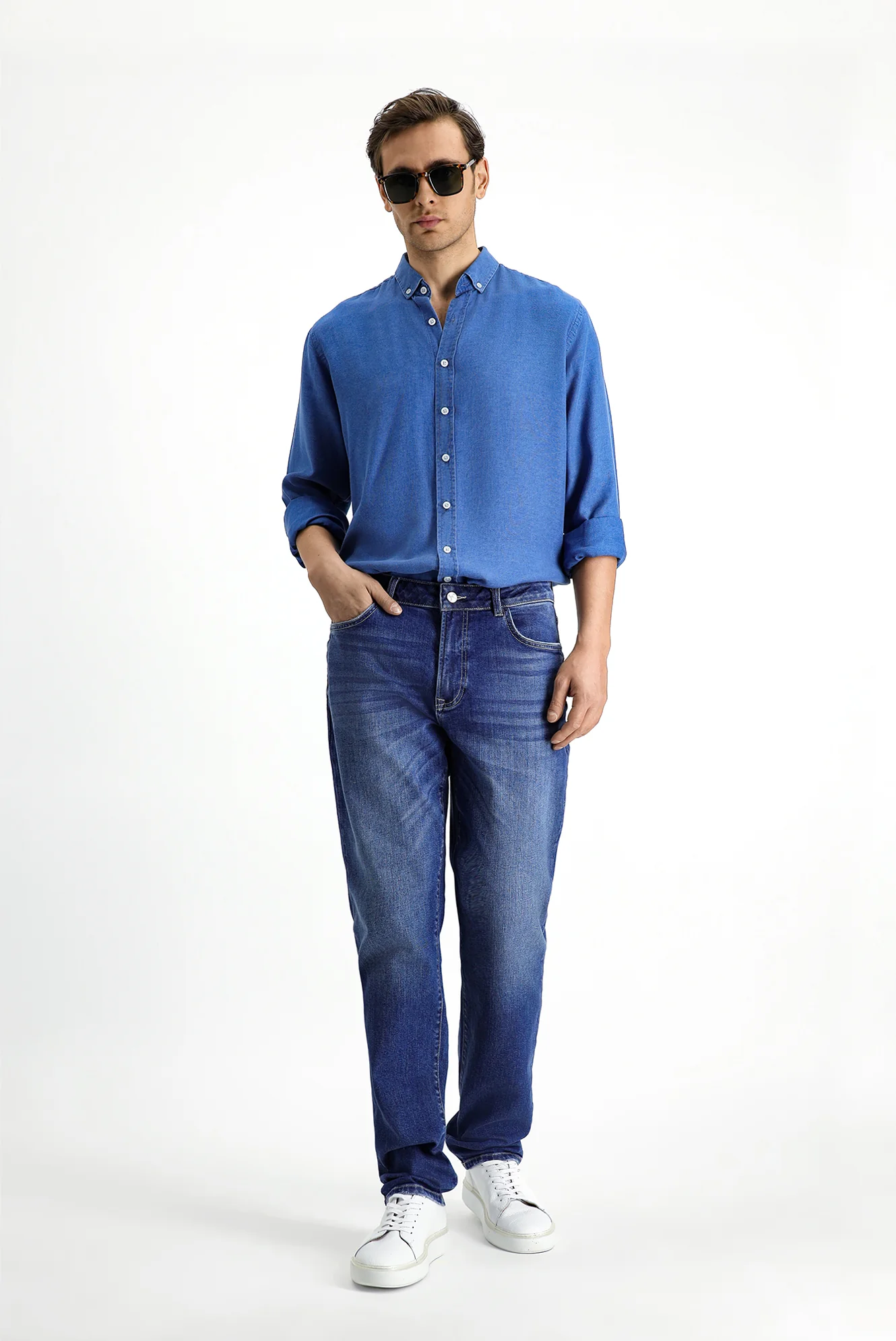 Koyu Mavi  Regular Fit Standart Kesim Likralı Denim Pantolon - Image 3