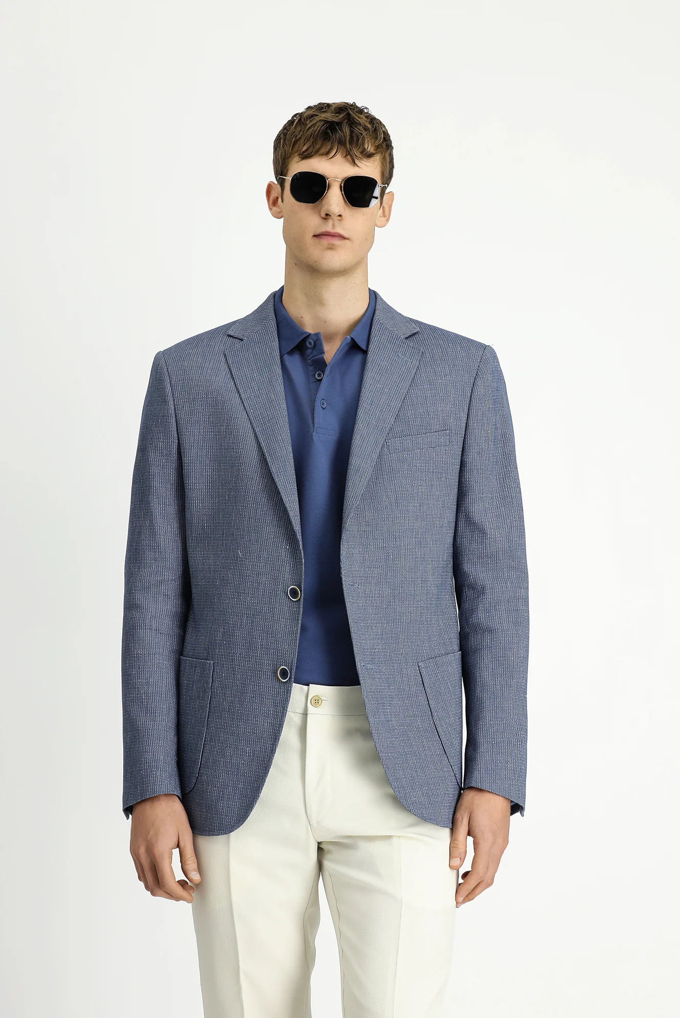 Koyu Mavi 4 Drop Relaxed Fit Rahat Kesim Keten Karışımlı Çizgili Spor Ceket - Image 3