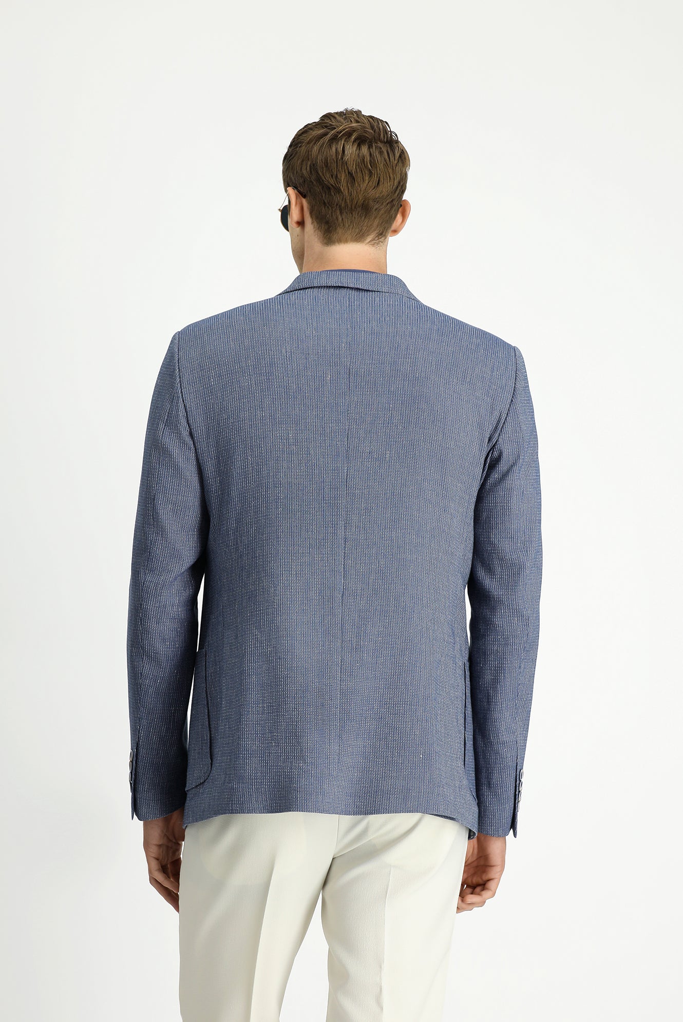 Koyu Mavi 4 Drop Relaxed Fit Rahat Kesim Keten Karışımlı Çizgili Spor Ceket - Image 5