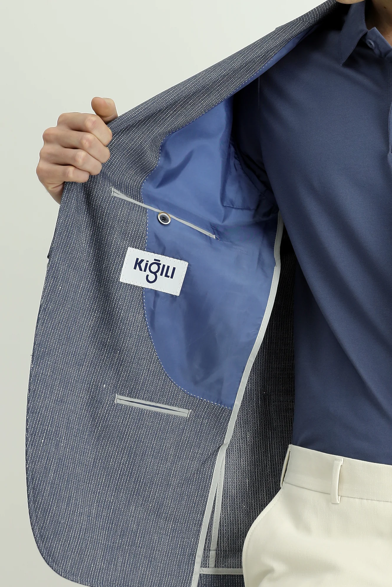Koyu Mavi 4 Drop Relaxed Fit Rahat Kesim Keten Karışımlı Çizgili Spor Ceket - Image 6