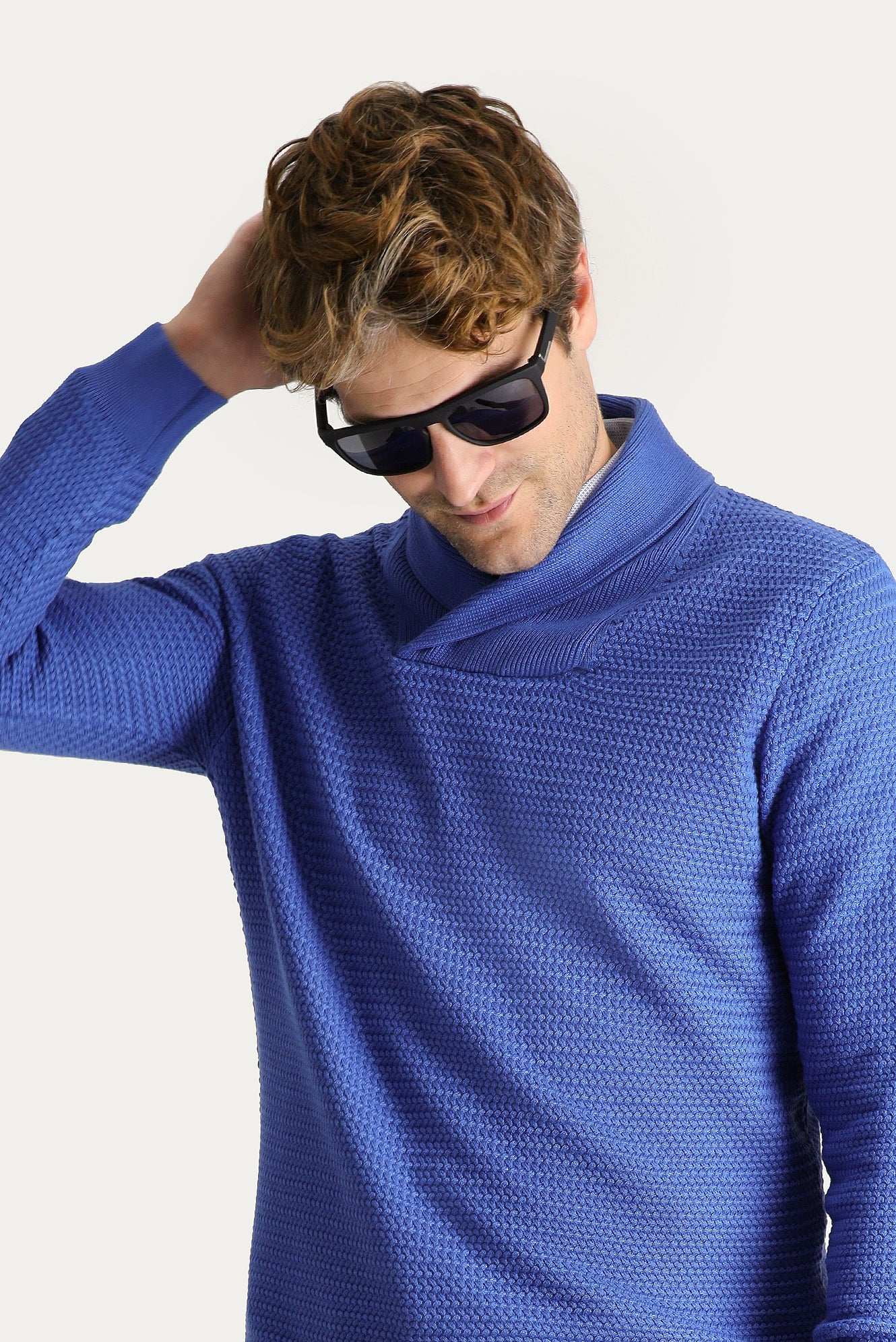 Koyu Mavi  Şal Yaka Slim Fit Dar Kesim Desenli Pamuklu Triko Kazak