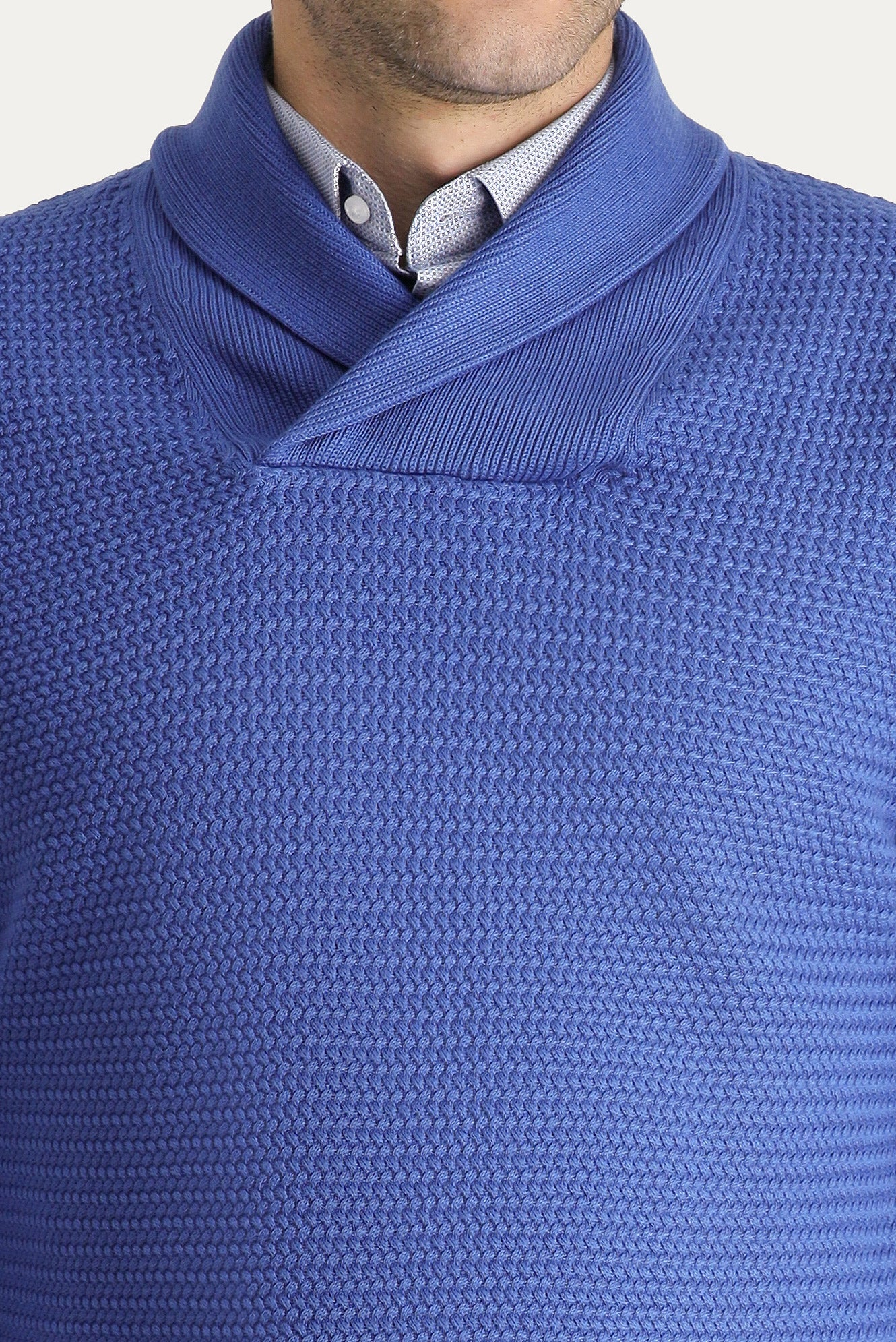 Koyu Mavi  Şal Yaka Slim Fit Dar Kesim Desenli Pamuklu Triko Kazak - Image 6