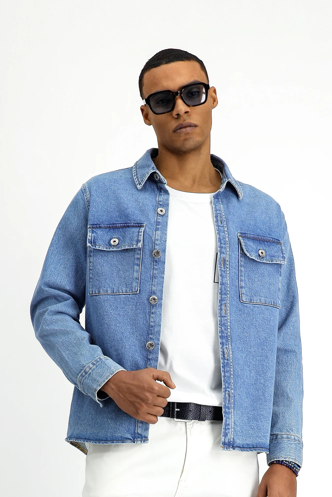 Koyu Mavi Slim Fit Dar Kesim Denim Pamuklu Gömlek / Mont