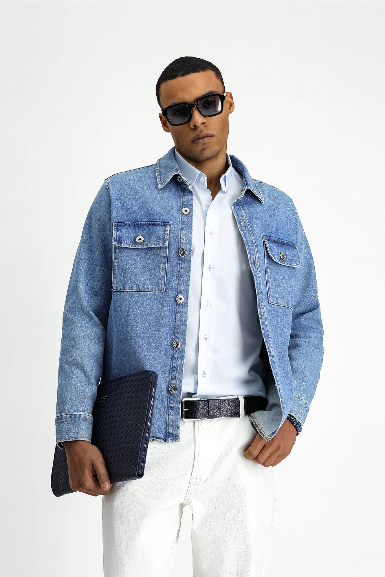 Koyu Mavi Slim Fit Dar Kesim Denim Pamuklu Gömlek / Mont - Image 5