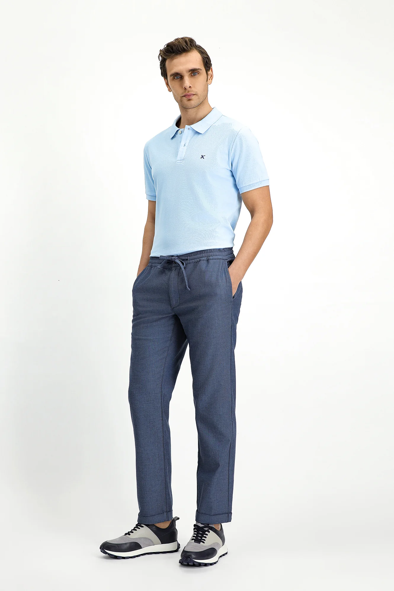 Koyu Mavi  Slim Fit Dar Kesim Desenli Beli Lastikli İpli Likralı Jogger Pantolon