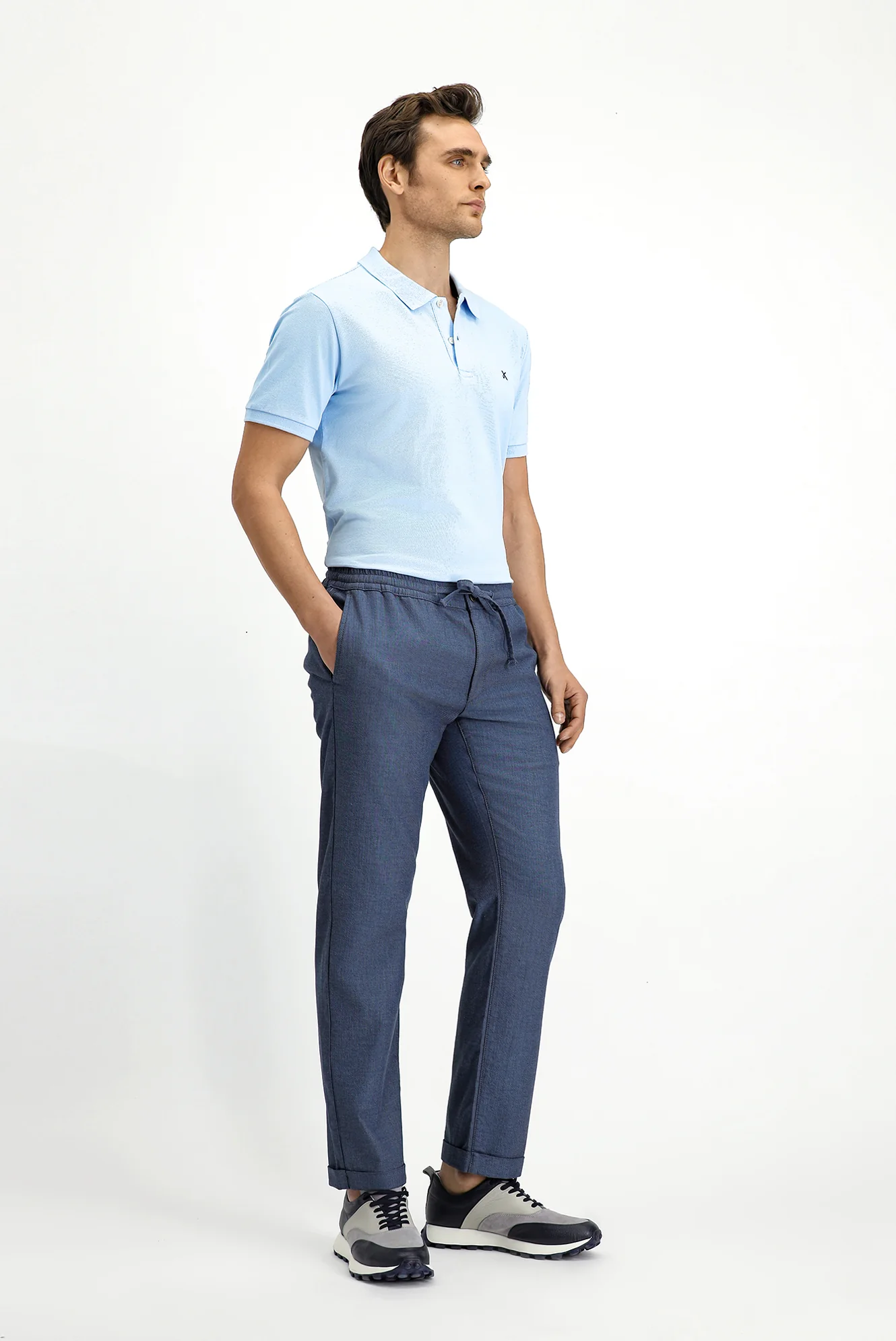 Koyu Mavi  Slim Fit Dar Kesim Desenli Beli Lastikli İpli Likralı Jogger Pantolon - Image 3