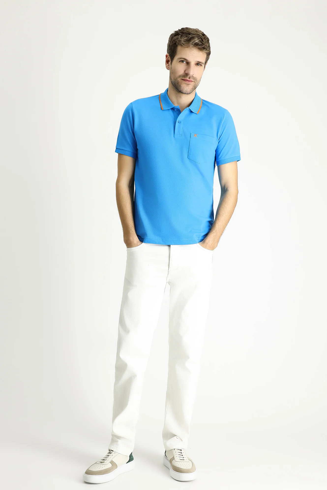 Koyu Mavi Slim Fit Dar Kesim Desenli Nakışlı Pamuk Polo Yaka Tişört - Image 2