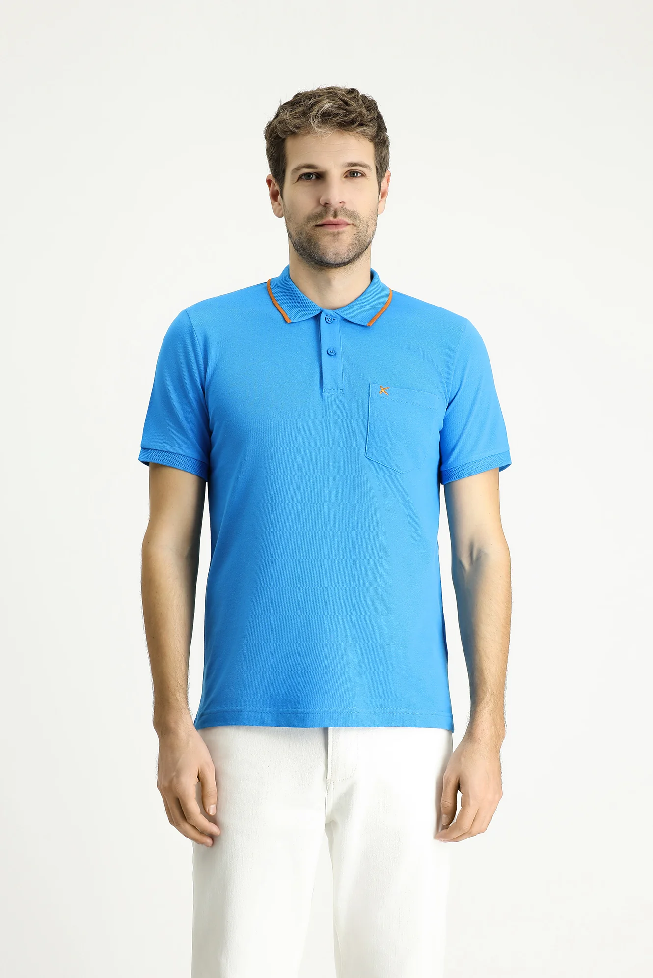 Koyu Mavi Slim Fit Dar Kesim Desenli Nakışlı Pamuk Polo Yaka Tişört - Image 3