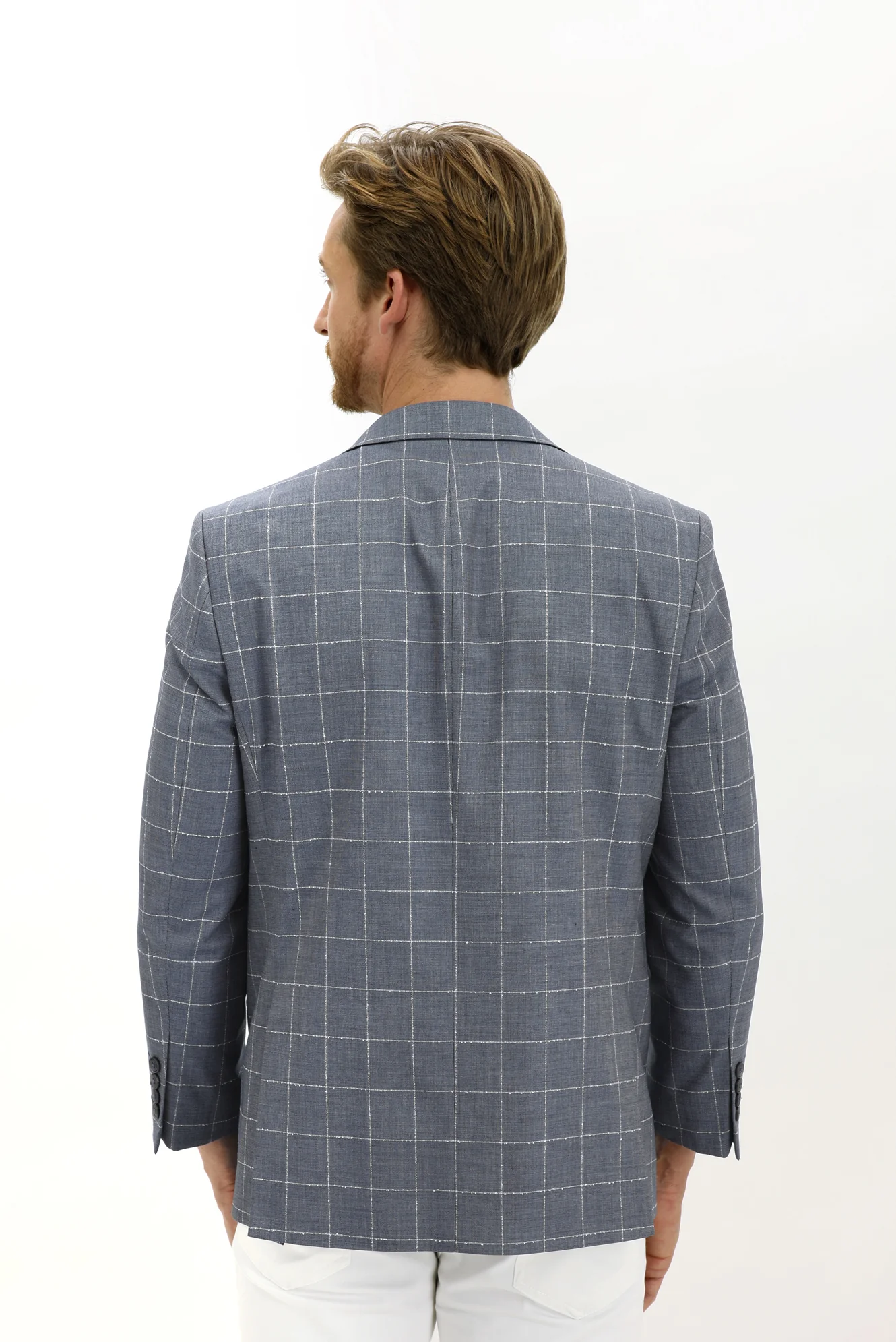 Koyu Mavi  7 Drop Slim Fit Dar Kesim Kareli Ceket - Image 5