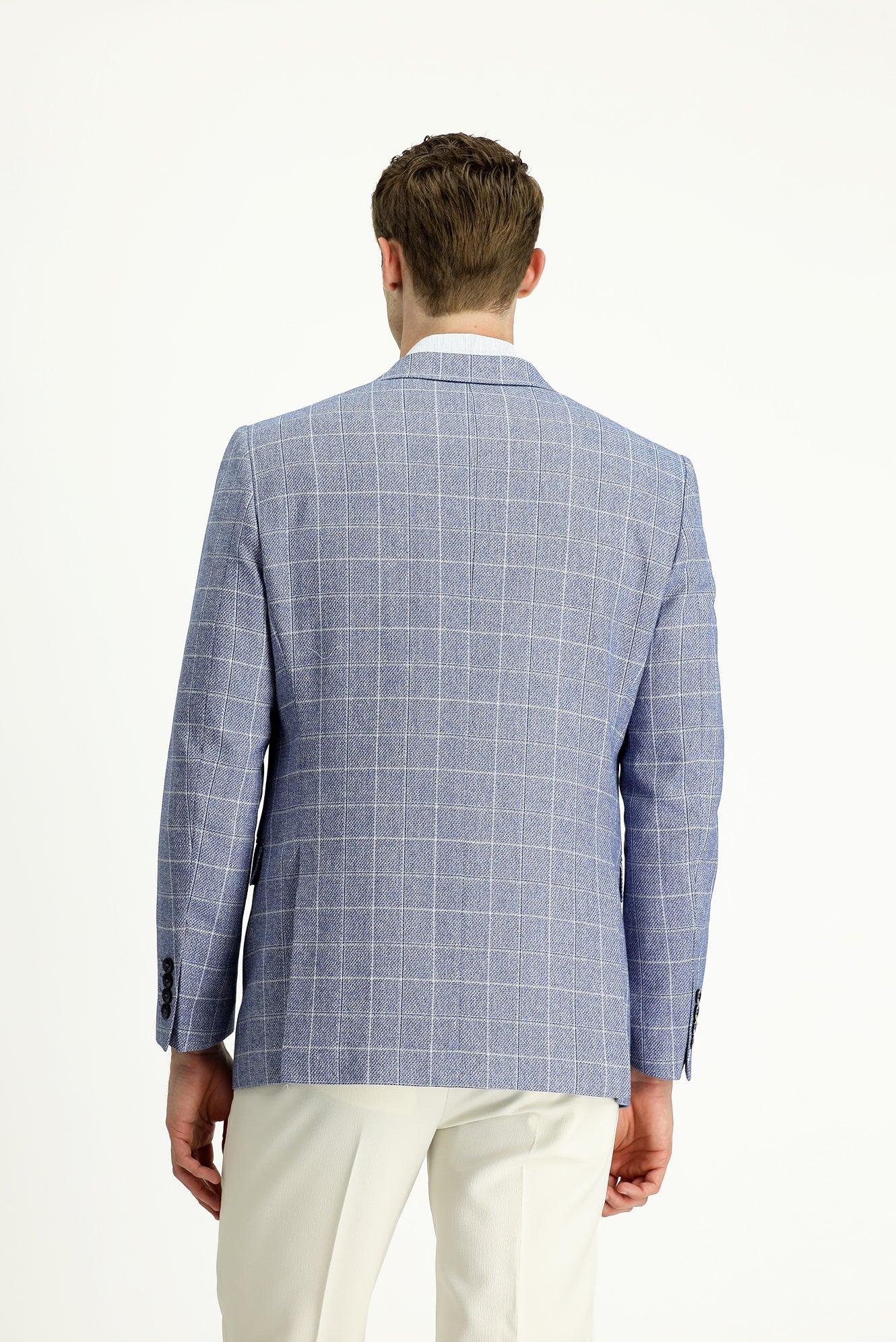 Koyu Mavi 7 Drop Slim Fit Dar Kesim Kareli Keten Karışımlı Ceket - Image 6