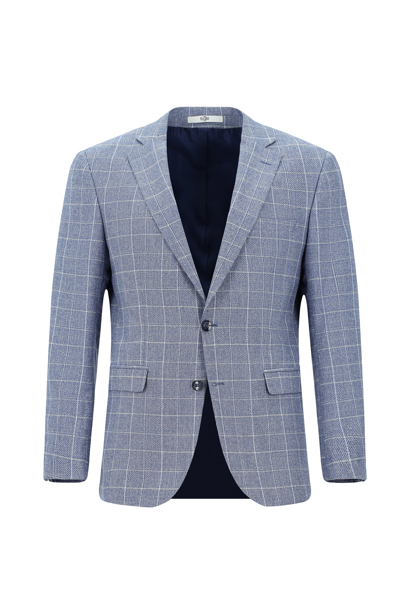Koyu Mavi 7 Drop Slim Fit Dar Kesim Kareli Keten Karışımlı Ceket - Image 8