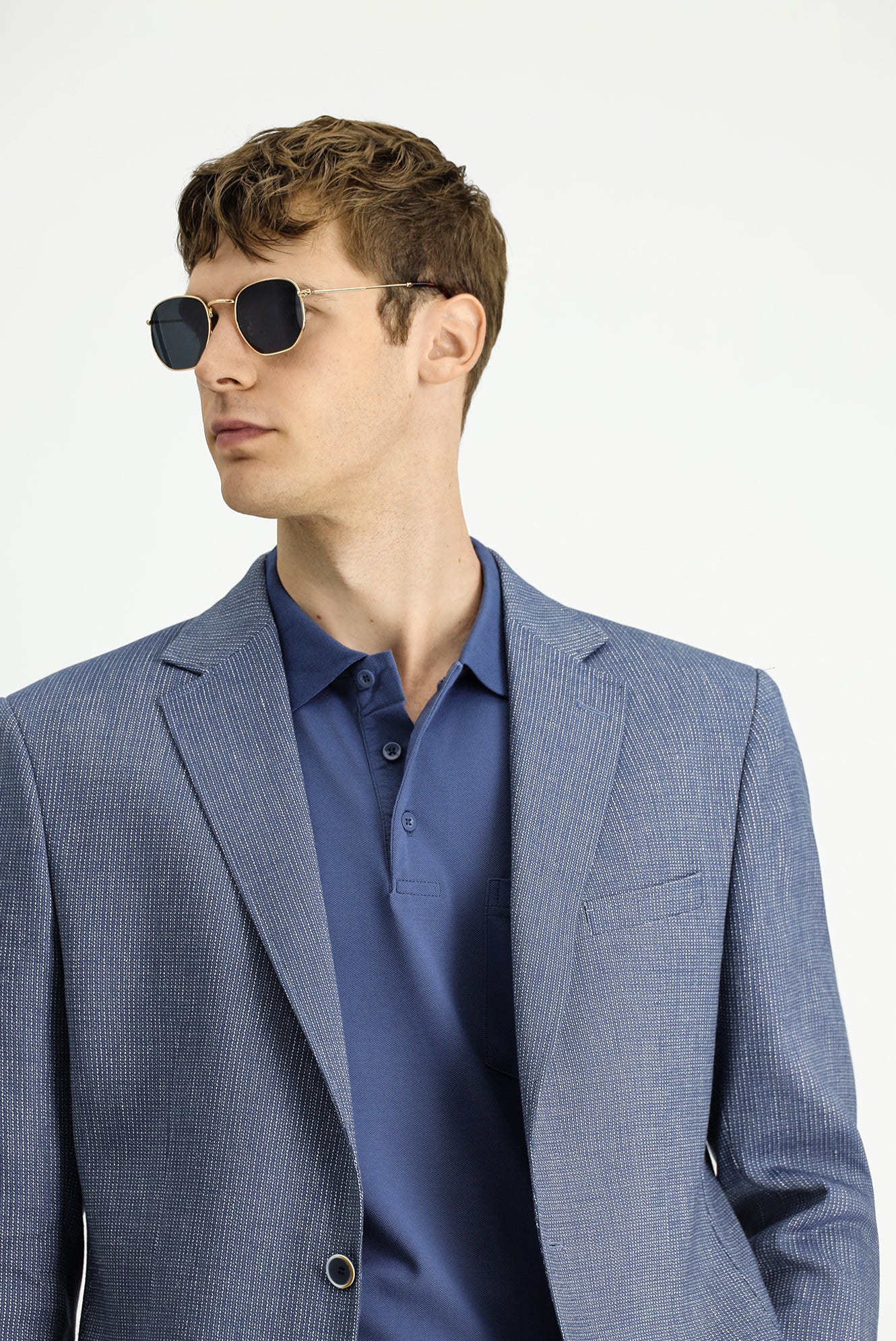 Koyu Mavi  7 Drop Slim Fit Dar Kesim Keten Karışımlı Çizgili Spor Ceket - Image 4