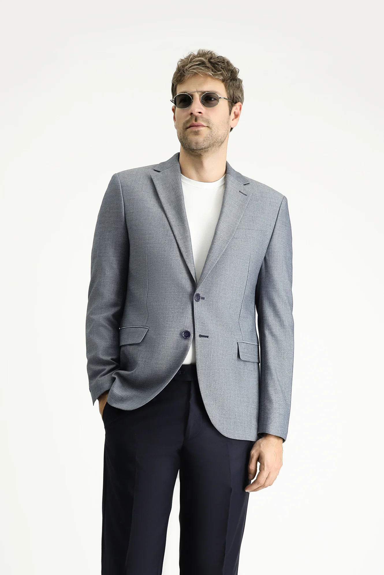 Koyu Mavi  7 Drop Slim Fit Dar Kesim Klasik Desenli Ceket - Image 3