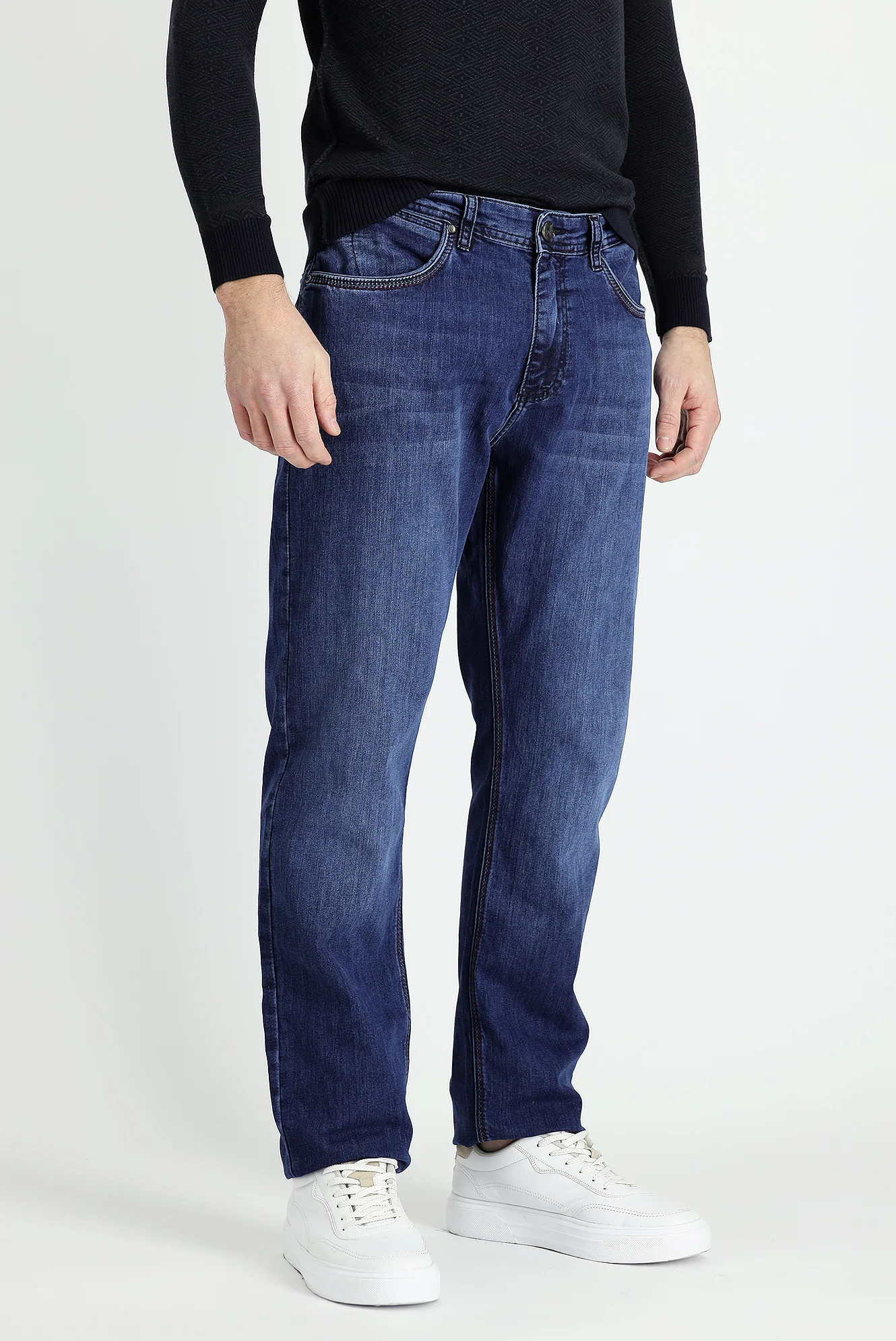 Koyu Mavi Slim Fit Dar Kesim Likralı Denim Pantolon - Image 3