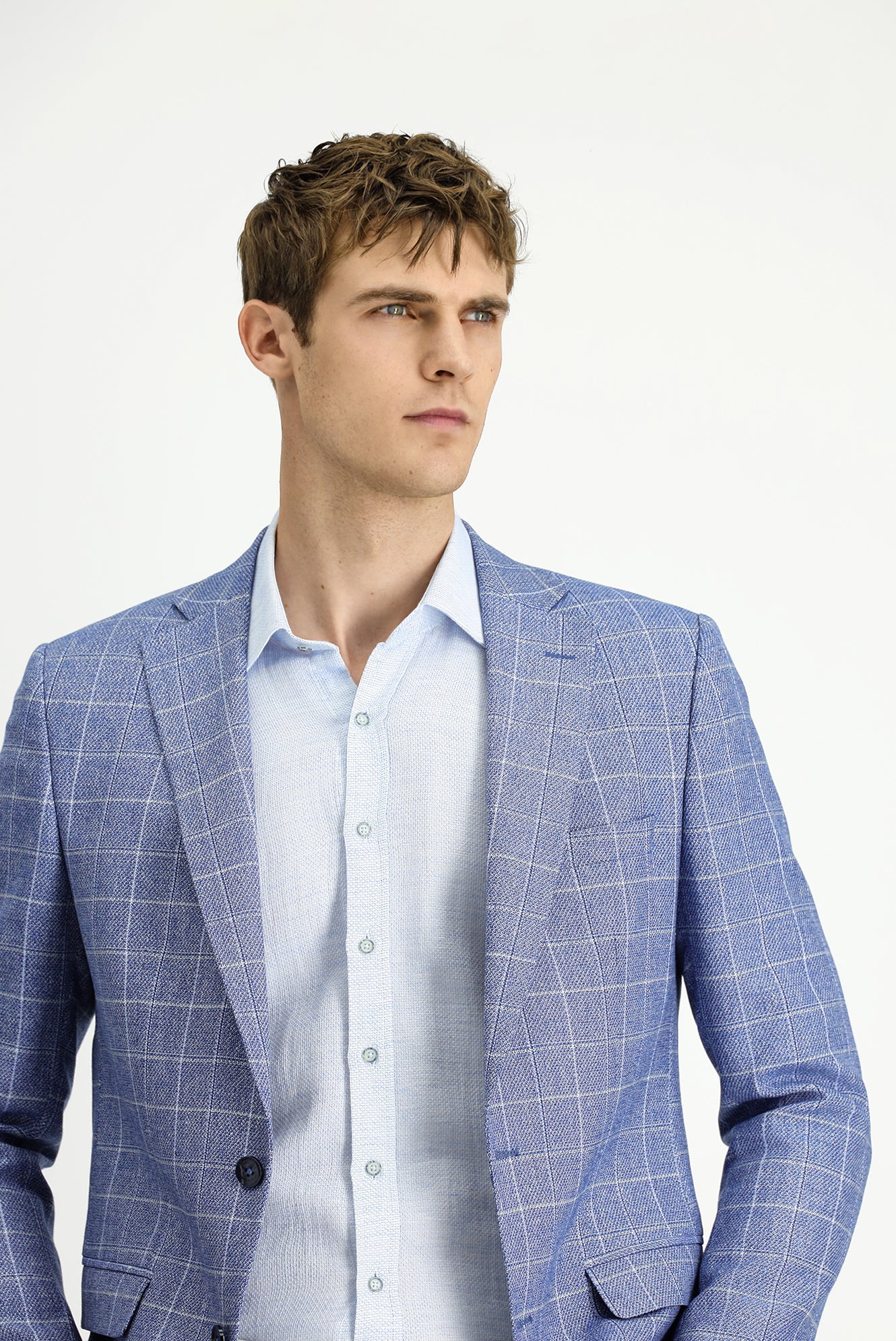 Koyu Mavi  7 Drop Super Slim Fit Eksra Dar Kesim Kareli Keten Karışımlı Ceket - Image 3